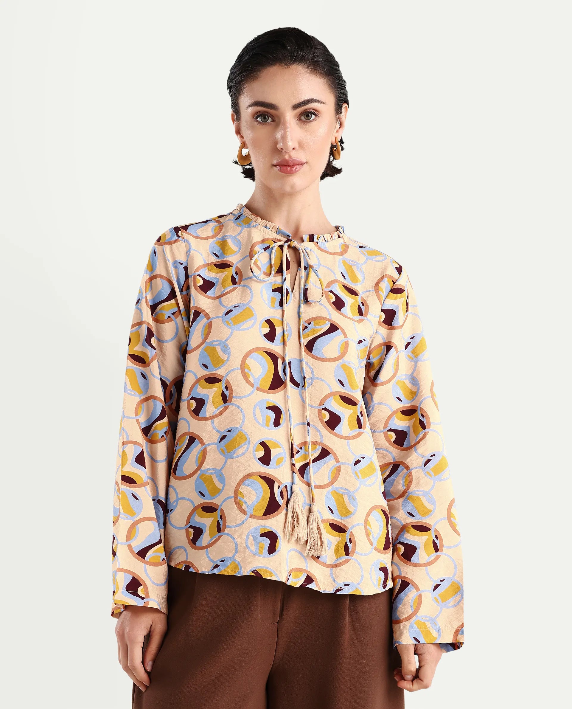 Rareism Women's Nili Multi Nylon Blend Sweetheart Neck Abstract Print Ruffled Sleeve Regular Fit Top