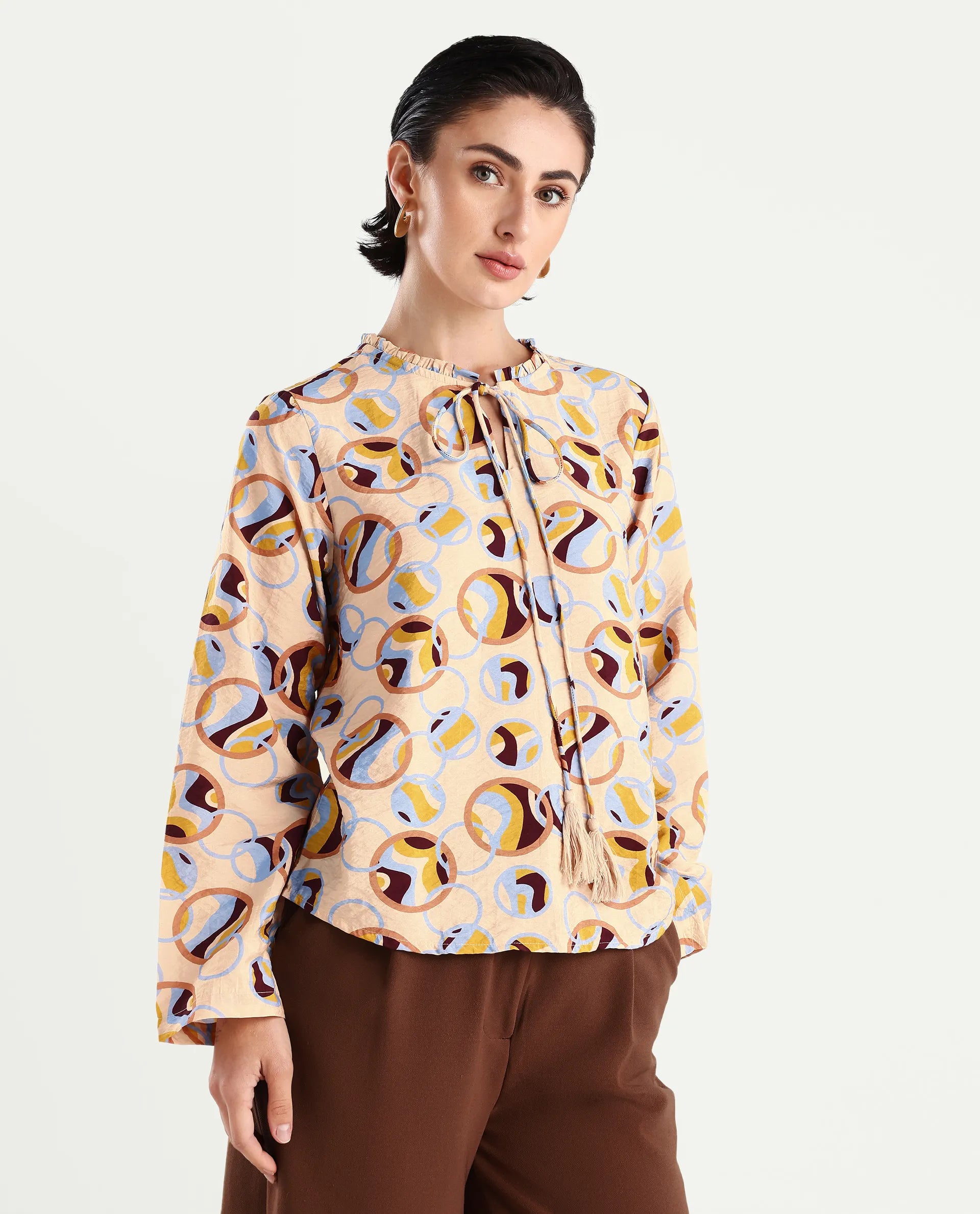 Rareism Women's Nili Multi Nylon Blend Sweetheart Neck Abstract Print Ruffled Sleeve Regular Fit Top