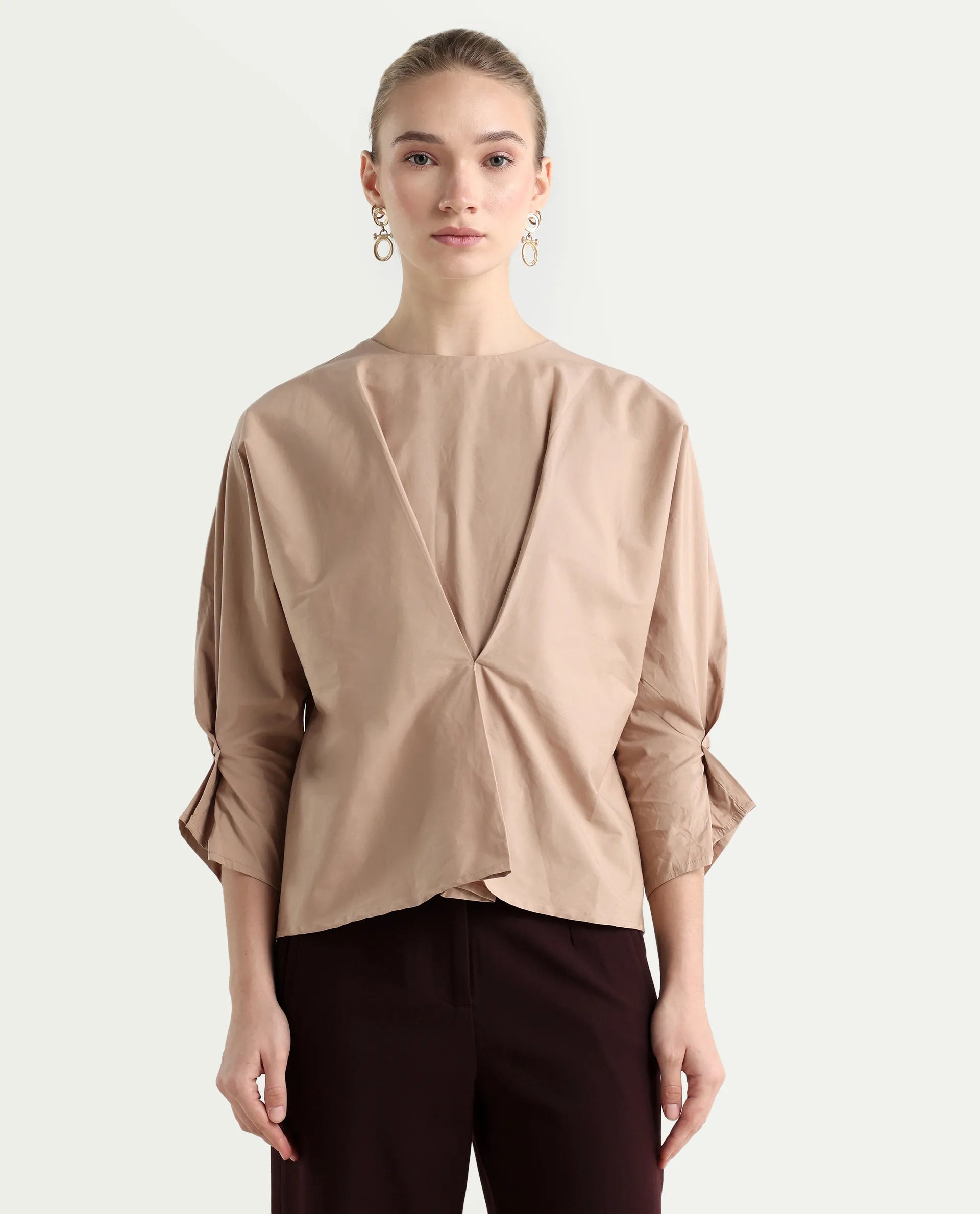 Rareism Women's Niloc - Beige Cotton Blend Crew Neck Plain Fashion Sleeve Relaxed Fit Top