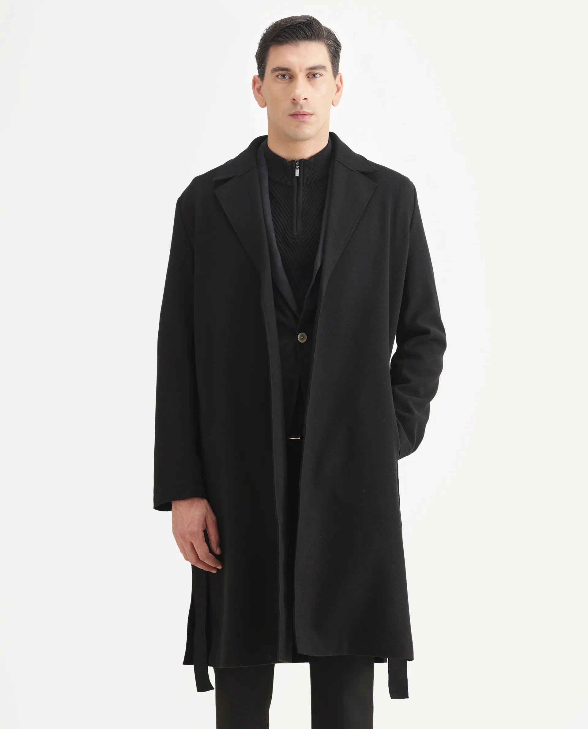 Rare Rabbit Men's Nima Black Polyester Blend Fabric Collared Neck Relaxed Plain Coat
