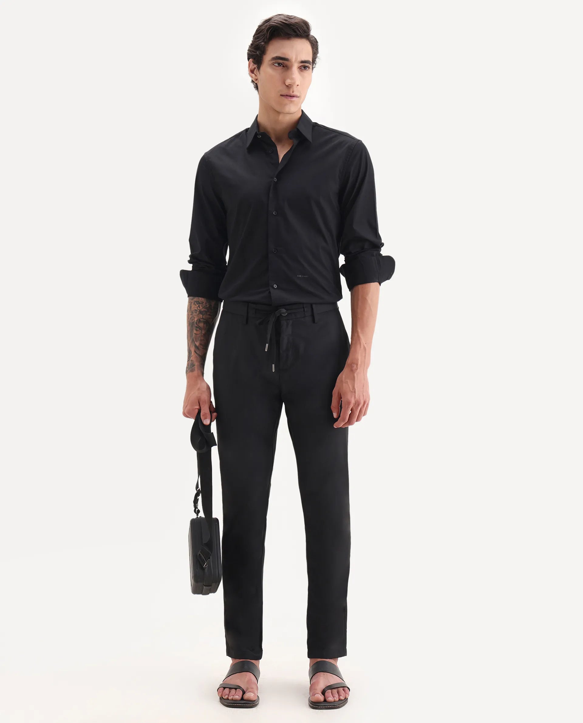 Rare Rabbit Men's Nimb Black Polyester Fabric Drawstring And Button Closure High Rise Regular Fit Solid Trousers