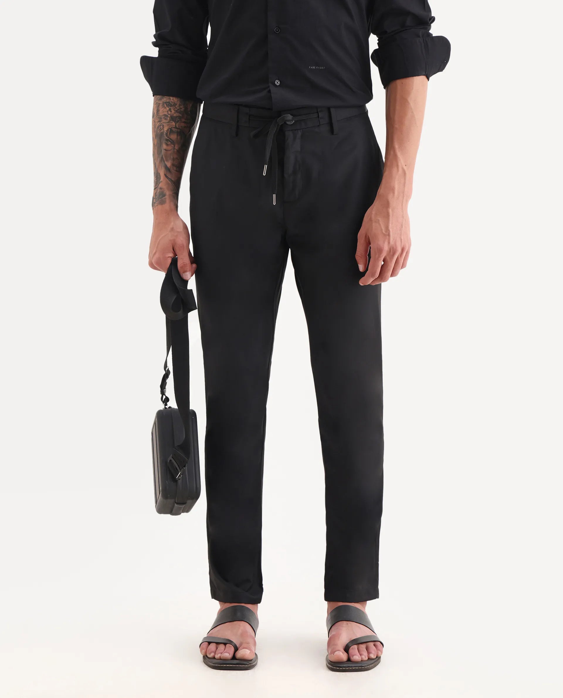 Rare Rabbit Men's Nimb Black Polyester Fabric Drawstring And Button Closure High Rise Regular Fit Solid Trousers