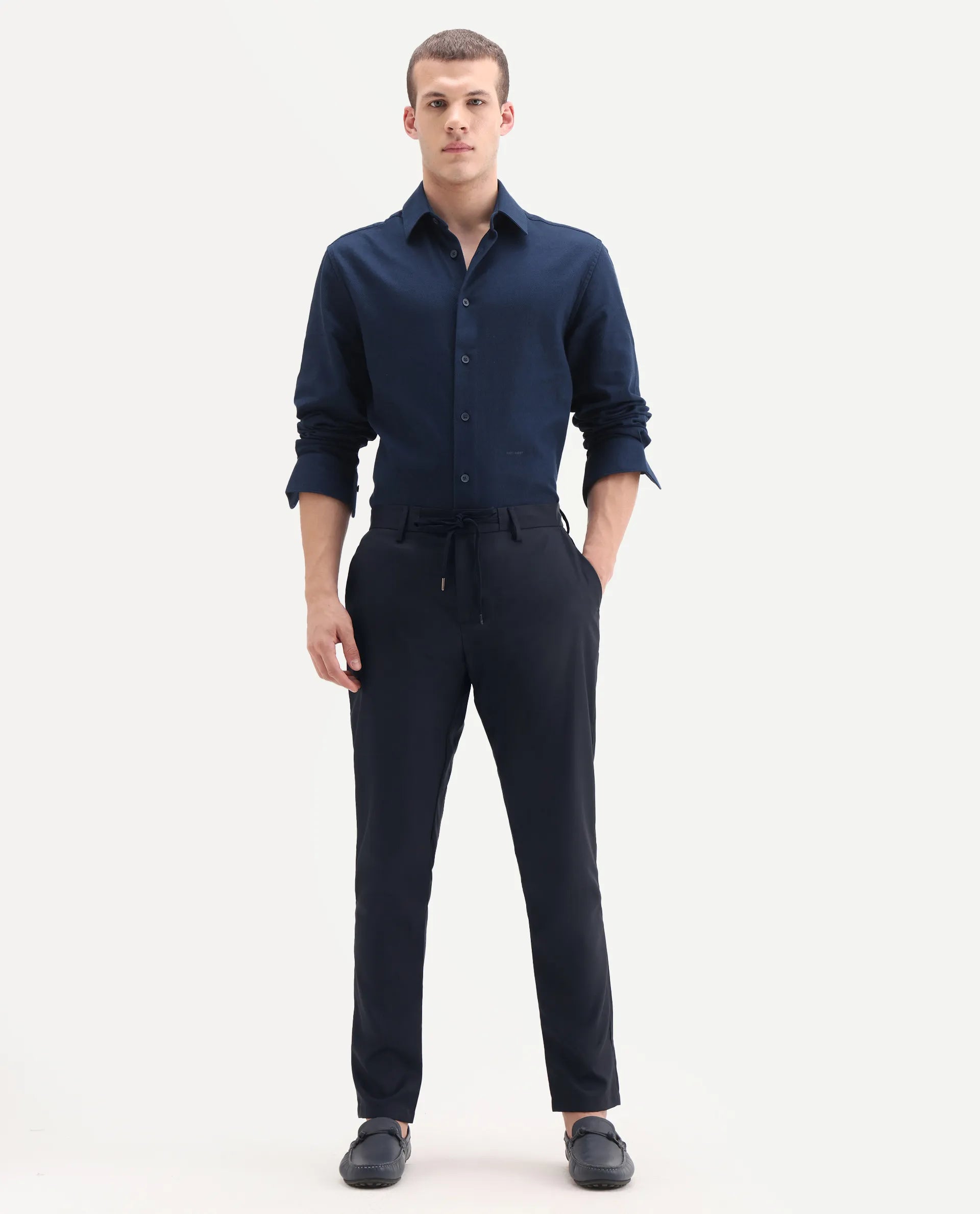 Rare Rabbit Men's Nimb Navy Polyester Fabric Drawstring And Button Closure High Rise Regular Fit Solid Trousers