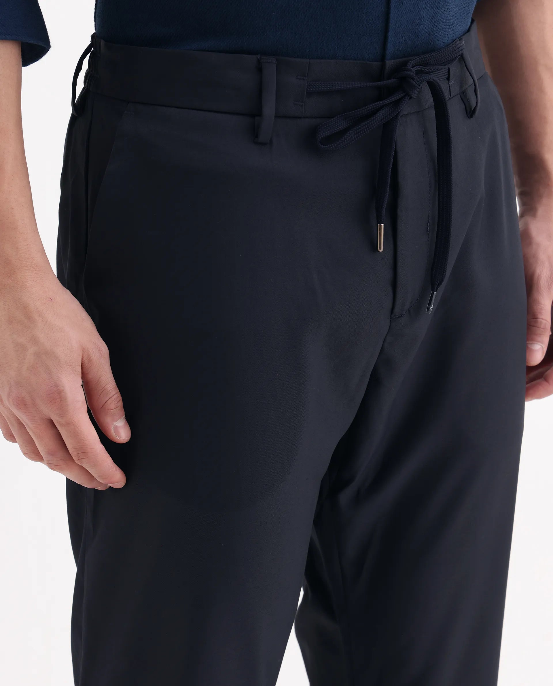 Rare Rabbit Men's Nimb Navy Polyester Fabric Drawstring And Button Closure High Rise Regular Fit Solid Trousers