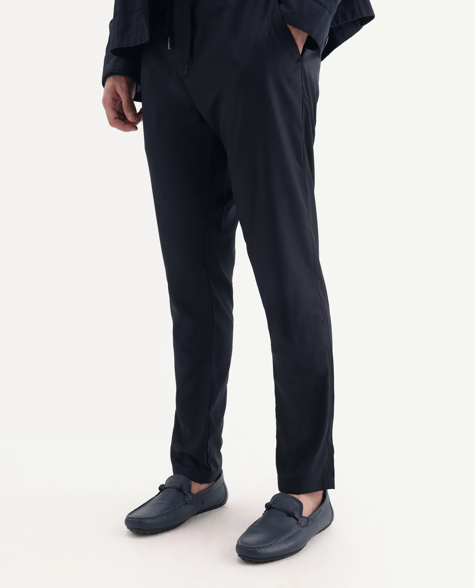 Rare Rabbit Men's Nimb Navy Polyester Fabric Drawstring And Button Closure High Rise Regular Fit Solid Trousers