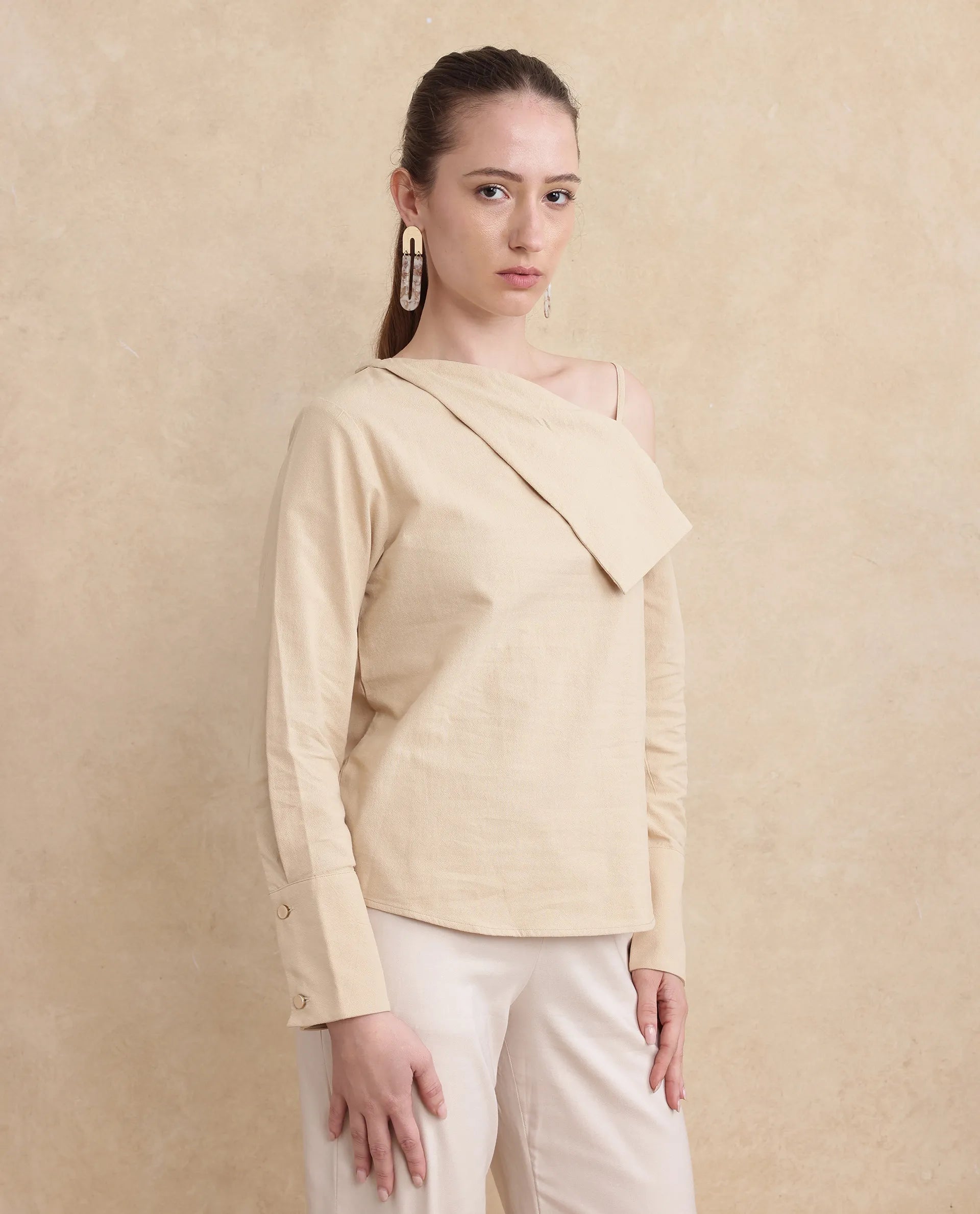 Rareism Women Nimlu Light Sand Cotton Fabric Bishop Sleeve Collarless Plain Top