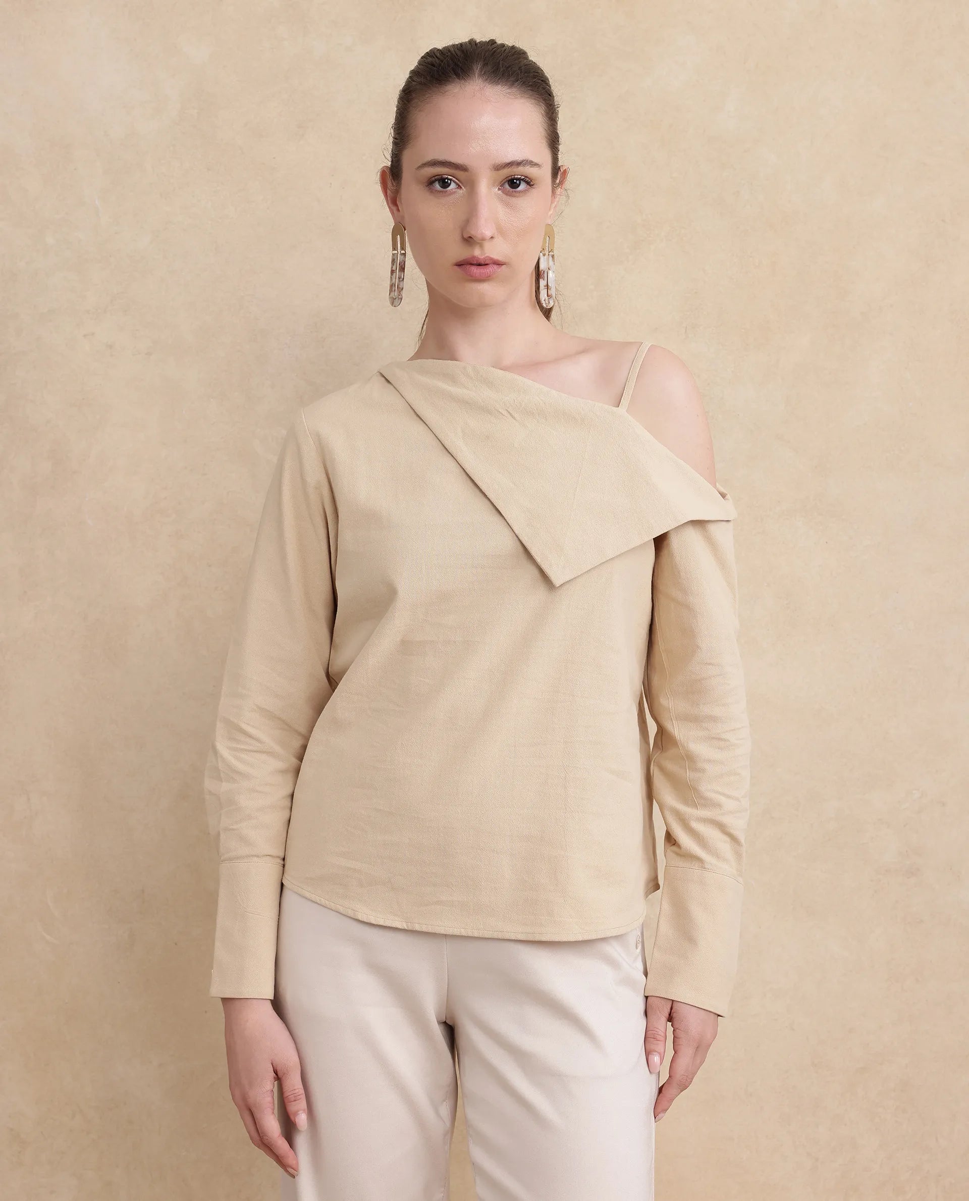 Rareism Women Nimlu Light Sand Cotton Fabric Bishop Sleeve Collarless Plain Top