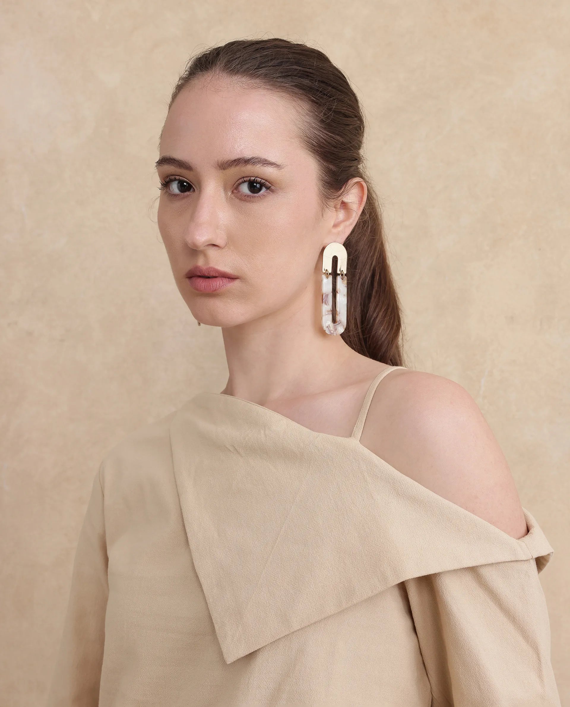 Rareism Women Nimlu Light Sand Cotton Fabric Bishop Sleeve Collarless Plain Top