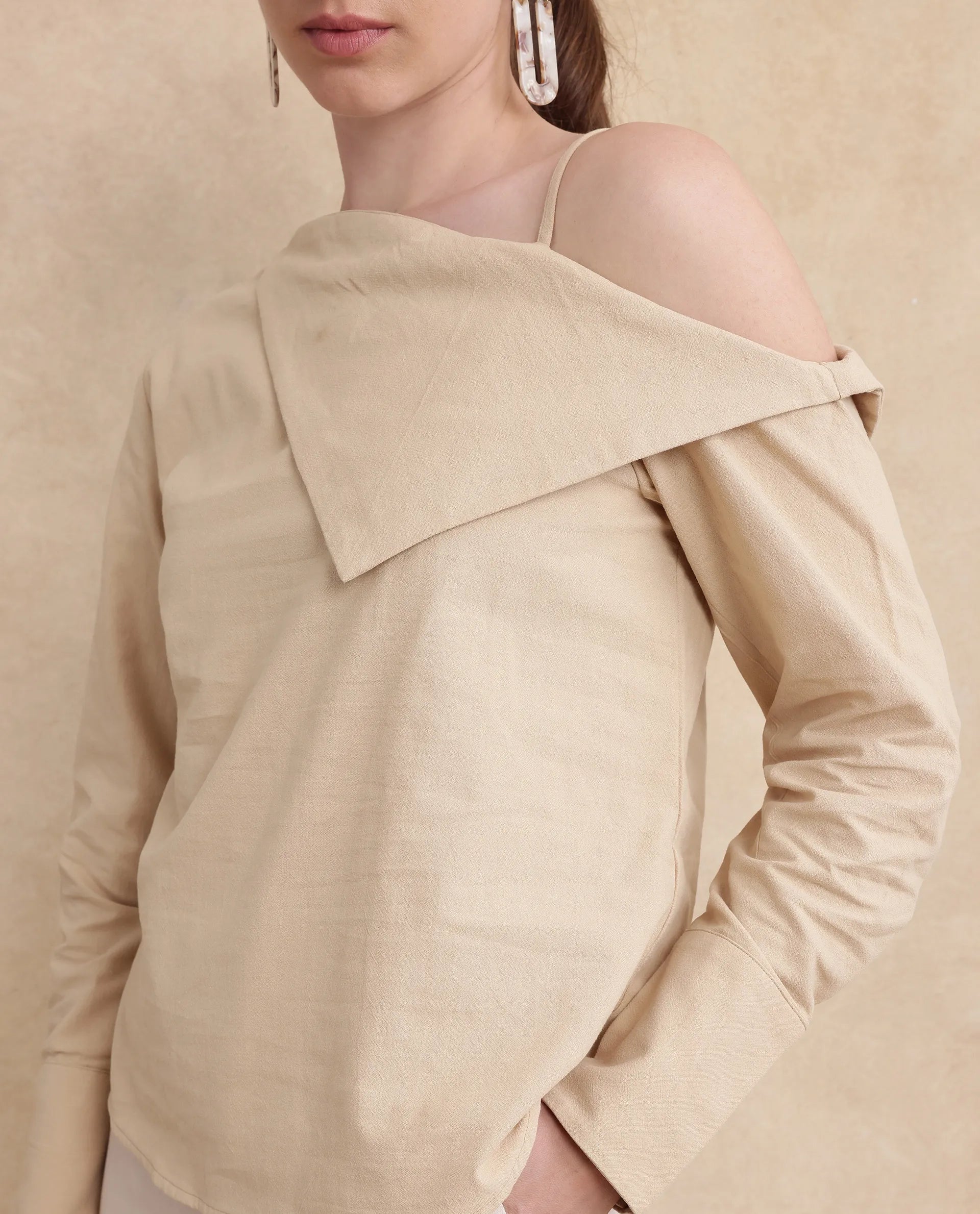 Rareism Women Nimlu Light Sand Cotton Fabric Bishop Sleeve Collarless Plain Top