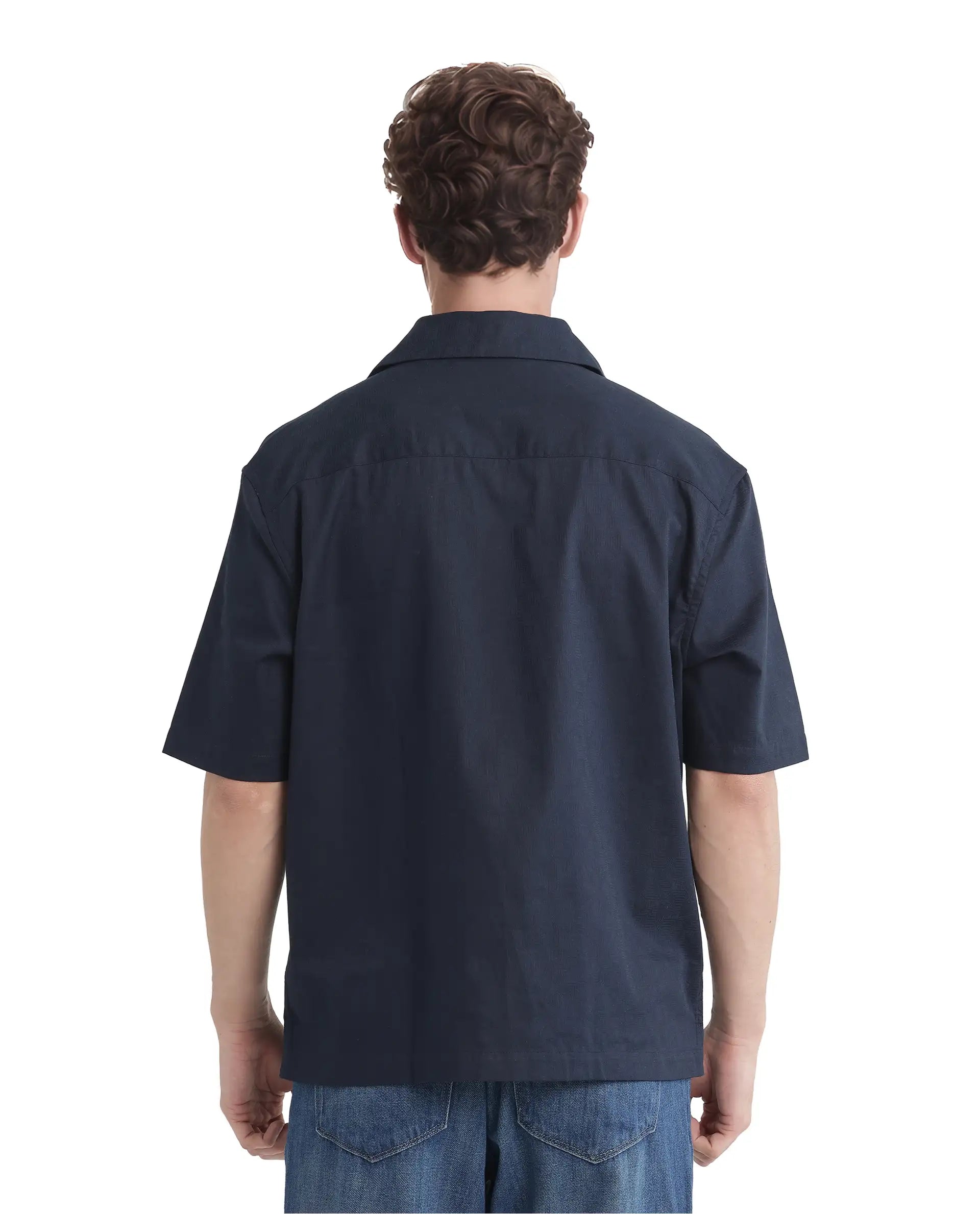 Rare Rabbit Men's Nino Navy Cotton Fabric Half Sleeve Collared Neck Button Closure Plain Shirt