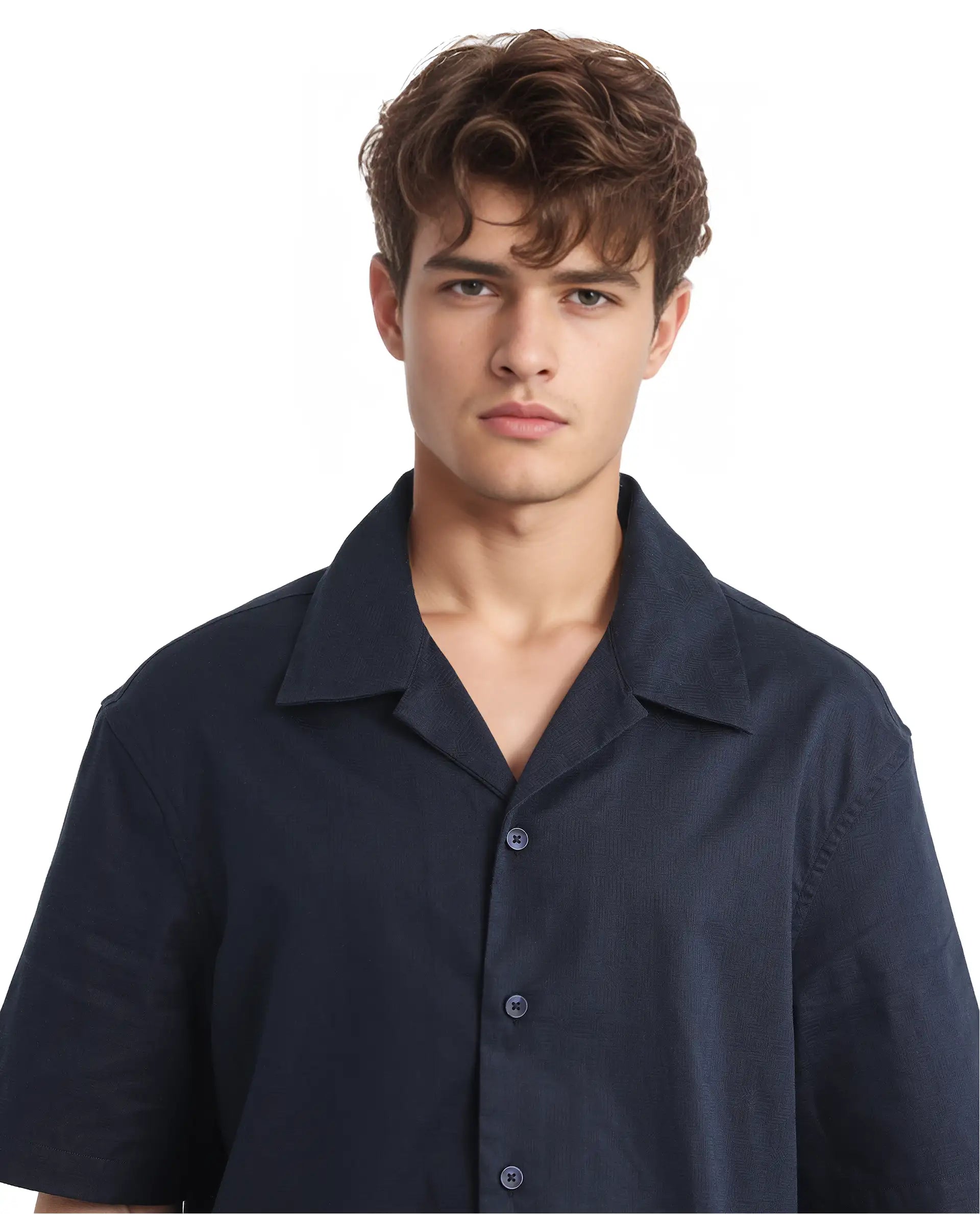 Rare Rabbit Men's Nino Navy Cotton Fabric Half Sleeve Collared Neck Button Closure Plain Shirt