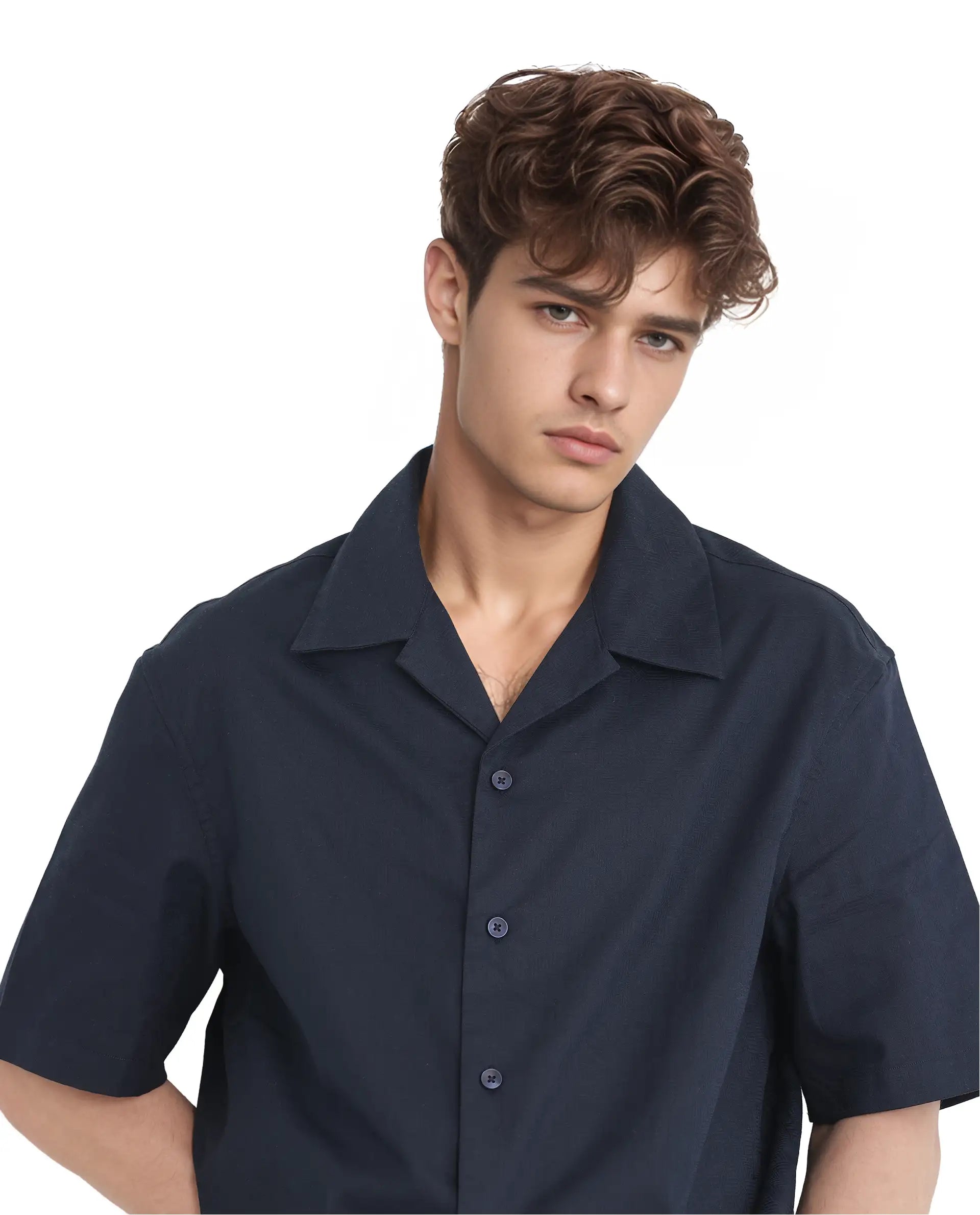 Rare Rabbit Men's Nino Navy Cotton Fabric Half Sleeve Collared Neck Button Closure Plain Shirt
