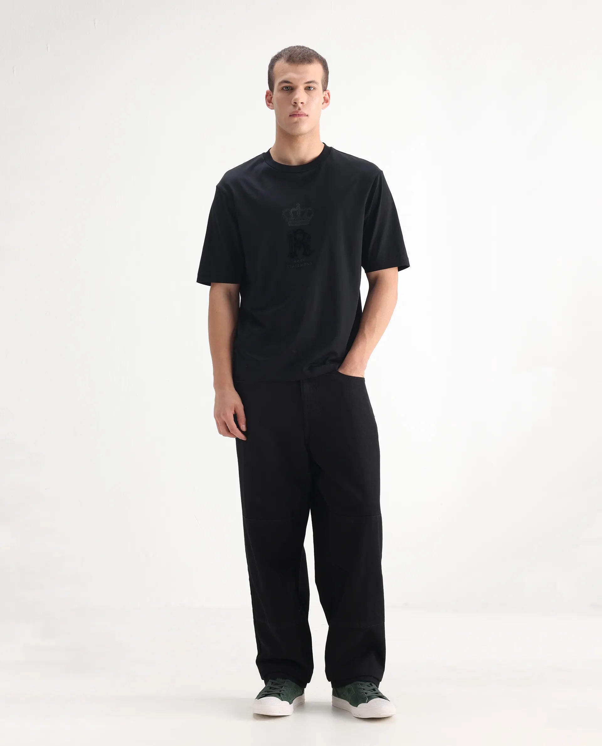 Rare Rabbit Men's Niot Black Cotton Plain Baggy Fit Jeans