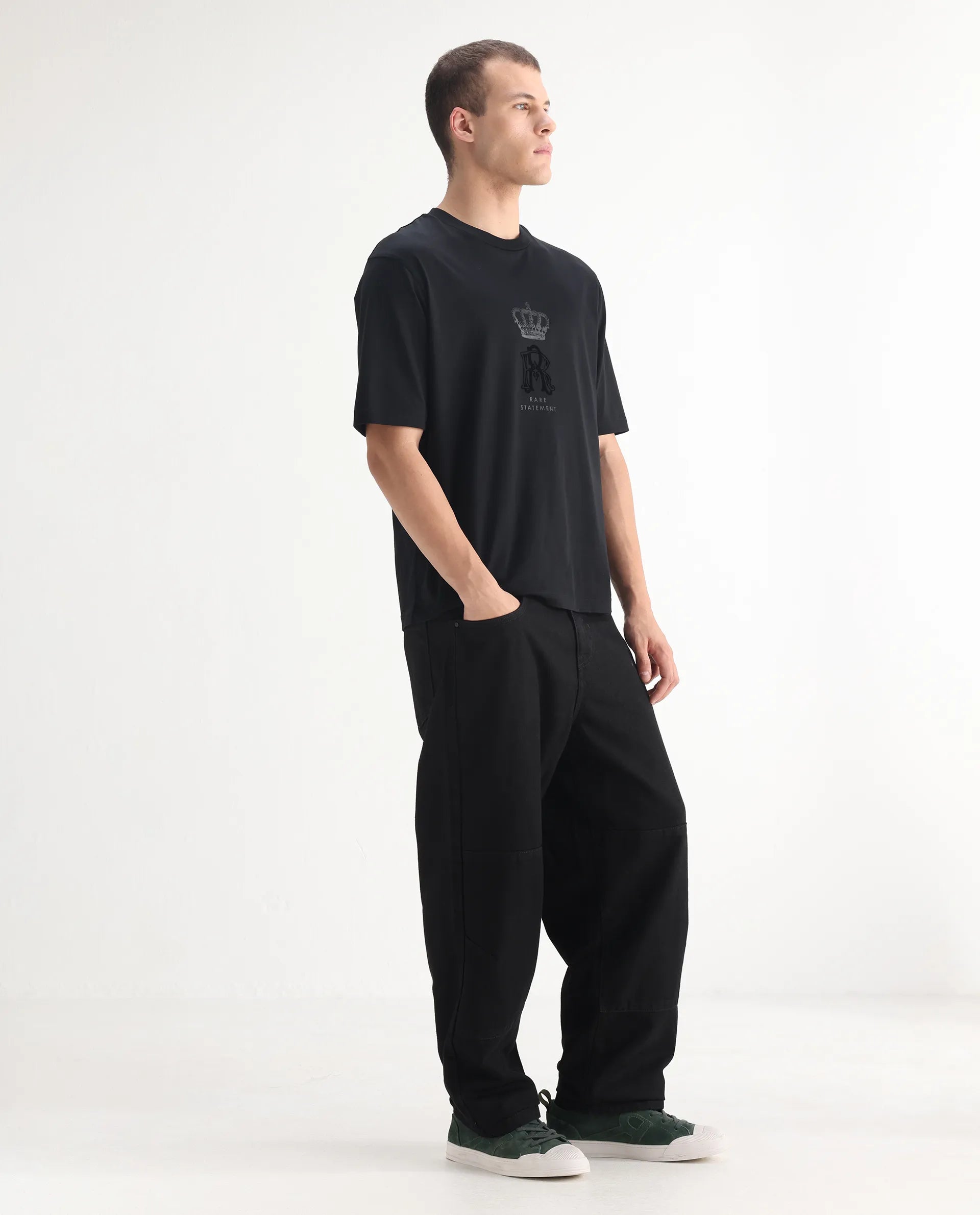 Rare Rabbit Men's Niot Black Cotton Plain Baggy Fit Jeans