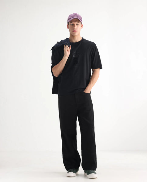 Rare Rabbit Men's Niob Black Cotton Fabric Mid Rise Dark Wash Baggy Fit Solid Jeans