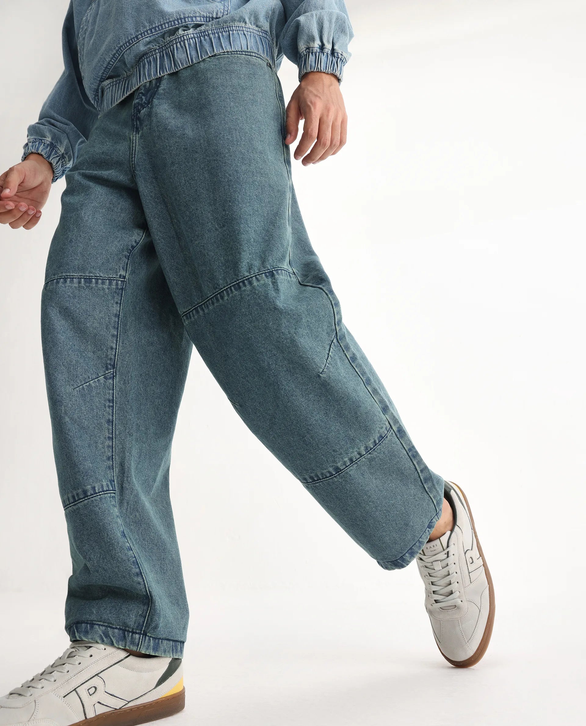 Rare Rabbit Men's Niok Green Cotton Plain Baggy Fit Jeans