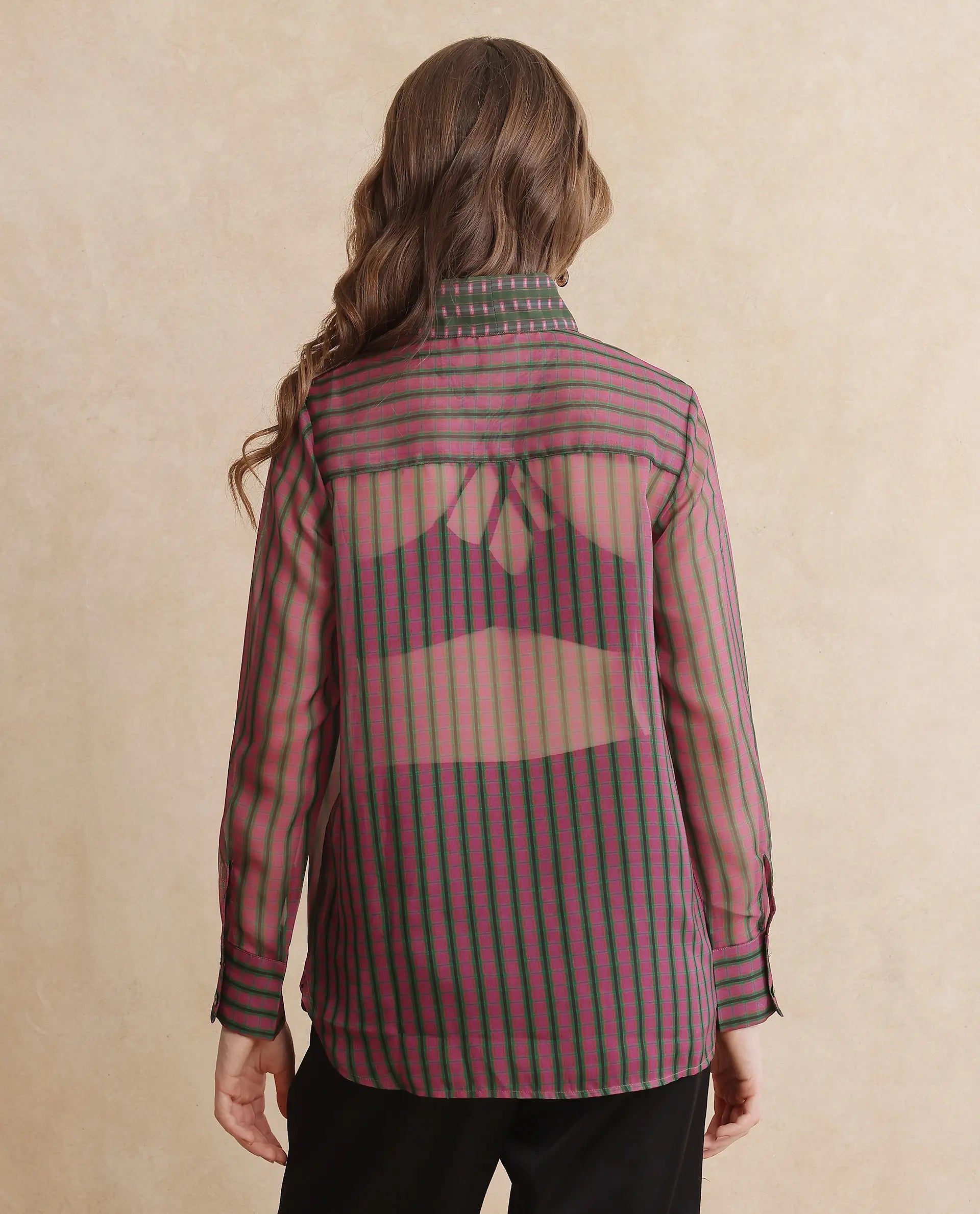 Rareism Women Nioro Multi Volume Sleeve Tie Up Neck Button Closure Relaxed Fit Flannel Print Top