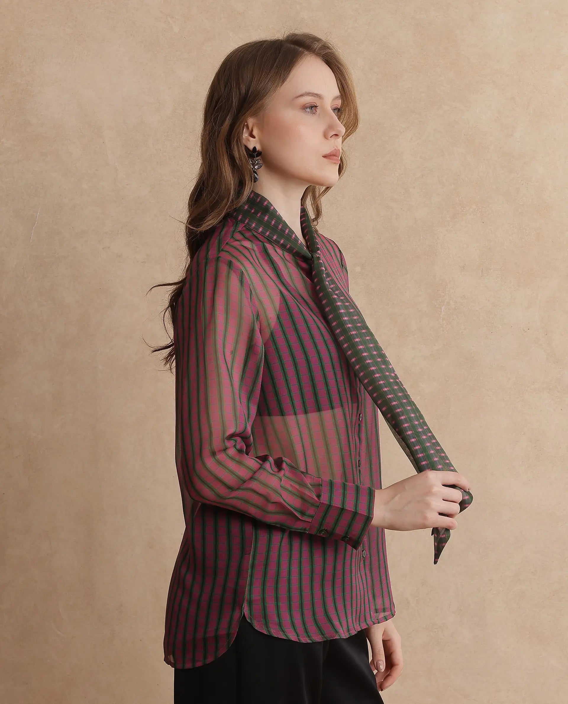 Rareism Women Nioro Multi Volume Sleeve Tie Up Neck Button Closure Relaxed Fit Flannel Print Top