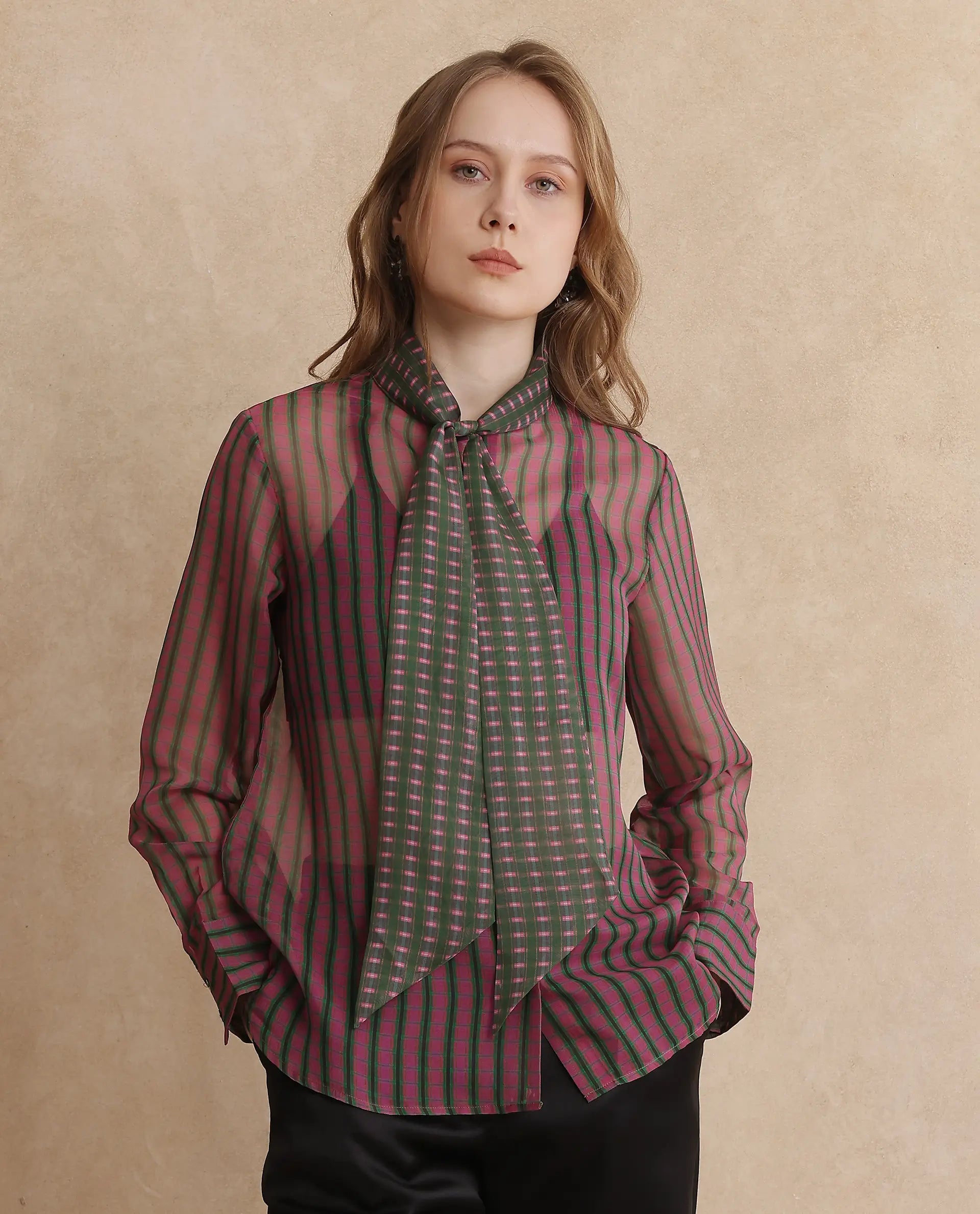 Rareism Women Nioro Multi Volume Sleeve Tie Up Neck Button Closure Relaxed Fit Flannel Print Top