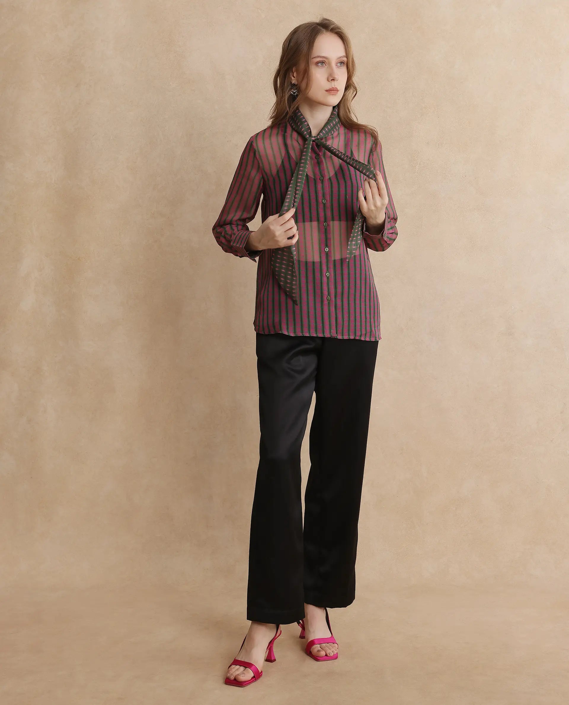 Rareism Women Nioro Multi Volume Sleeve Tie Up Neck Button Closure Relaxed Fit Flannel Print Top