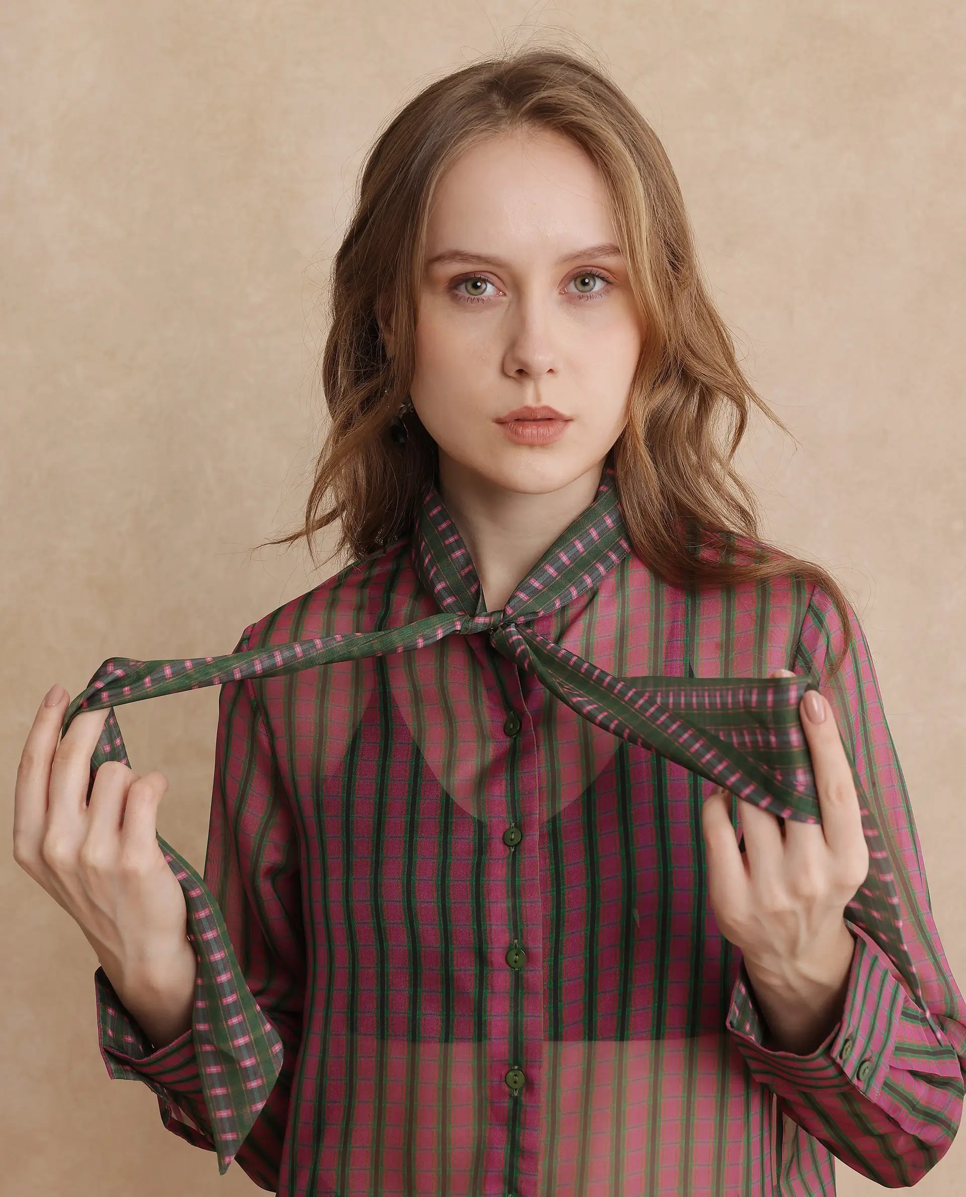 Rareism Women Nioro Multi Volume Sleeve Tie Up Neck Button Closure Relaxed Fit Flannel Print Top