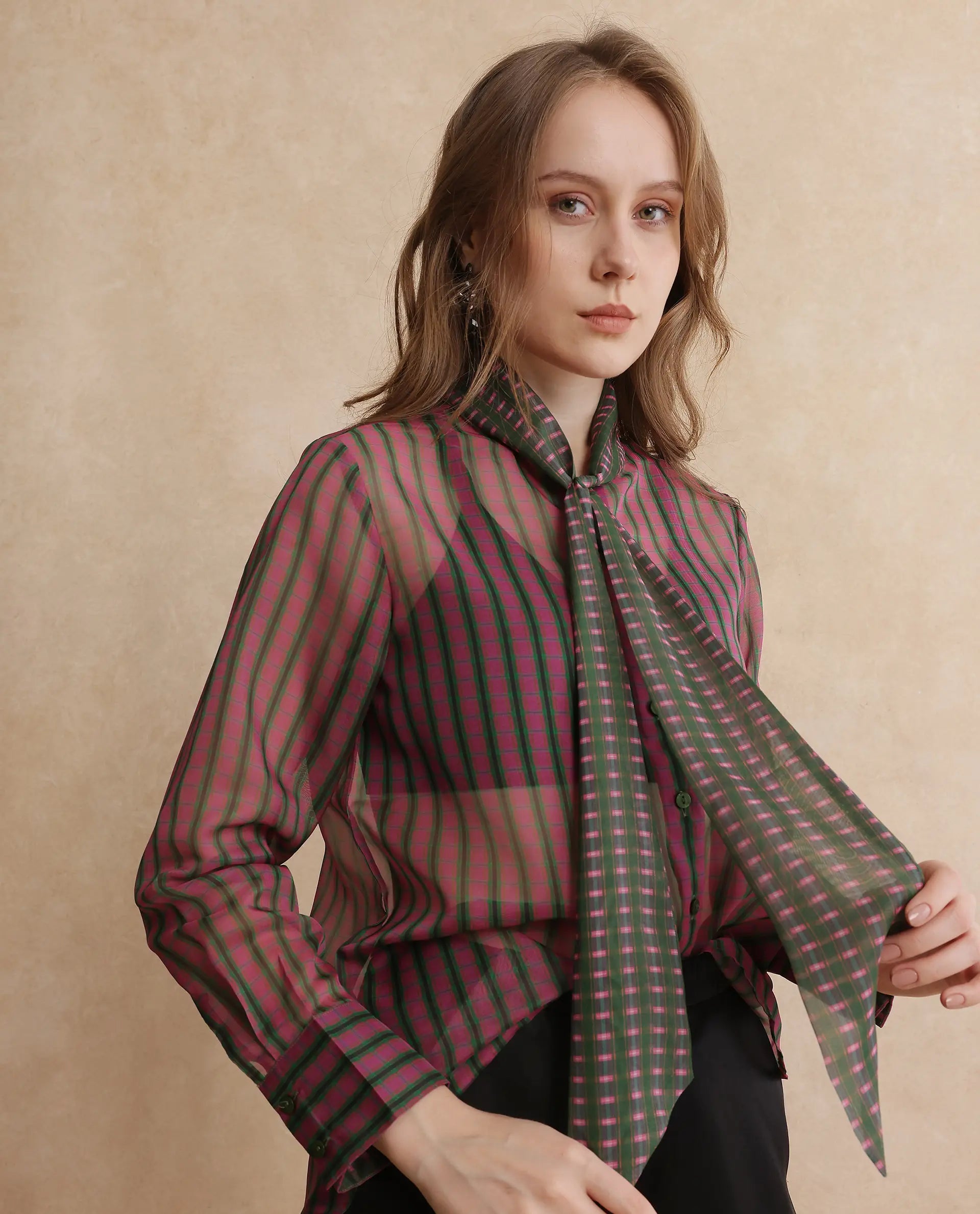 Rareism Women Nioro Multi Volume Sleeve Tie Up Neck Button Closure Relaxed Fit Flannel Print Top