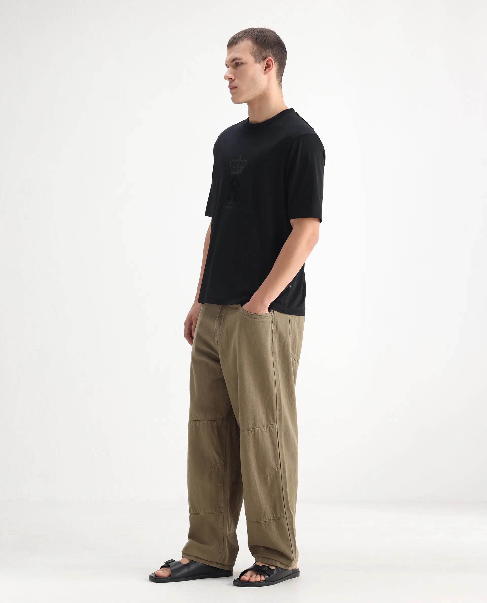 Rare Rabbit Men's Niot Khaki Cotton Plain Baggy Fit Jeans