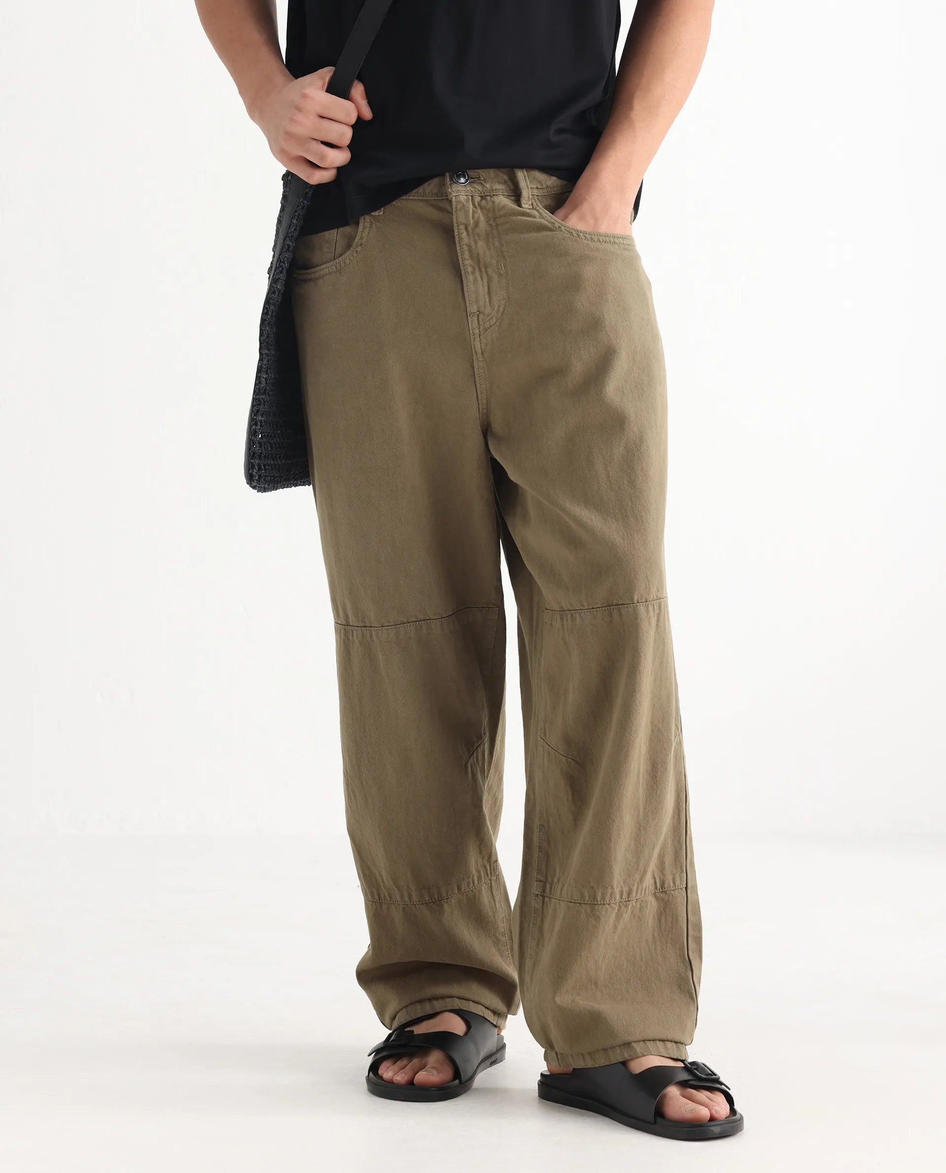 Rare Rabbit Men's Niot Khaki Cotton Plain Baggy Fit Jeans