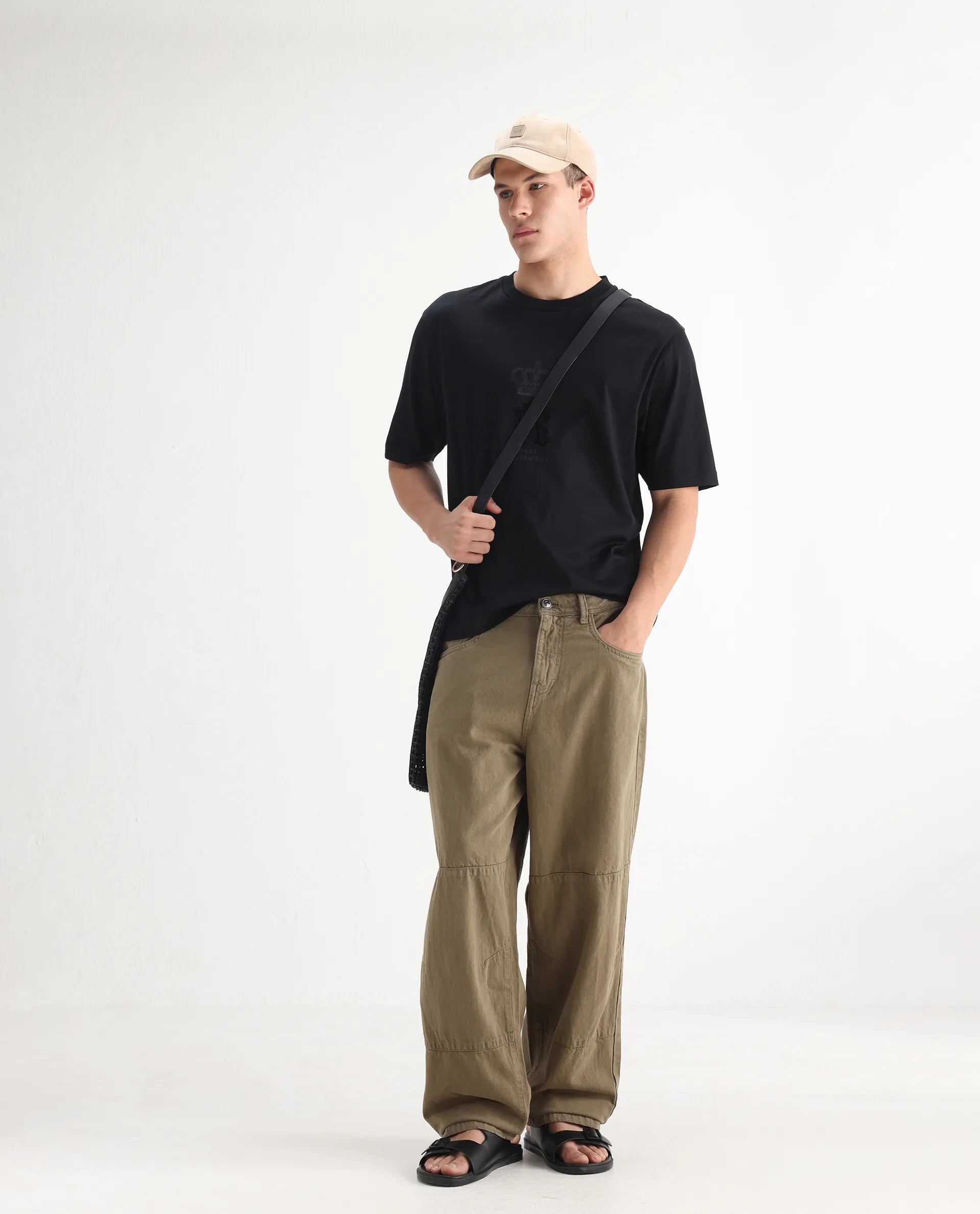 Rare Rabbit Men's Niot Khaki Cotton Plain Baggy Fit Jeans