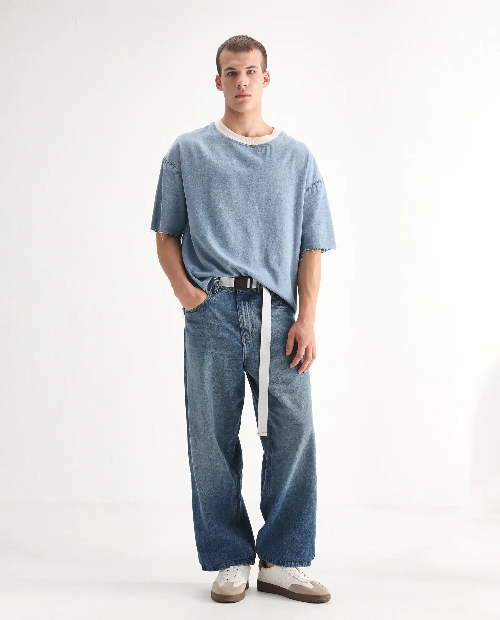 Rare Rabbit Men's Niret Blue Cotton Plain Baggy Fit Jeans