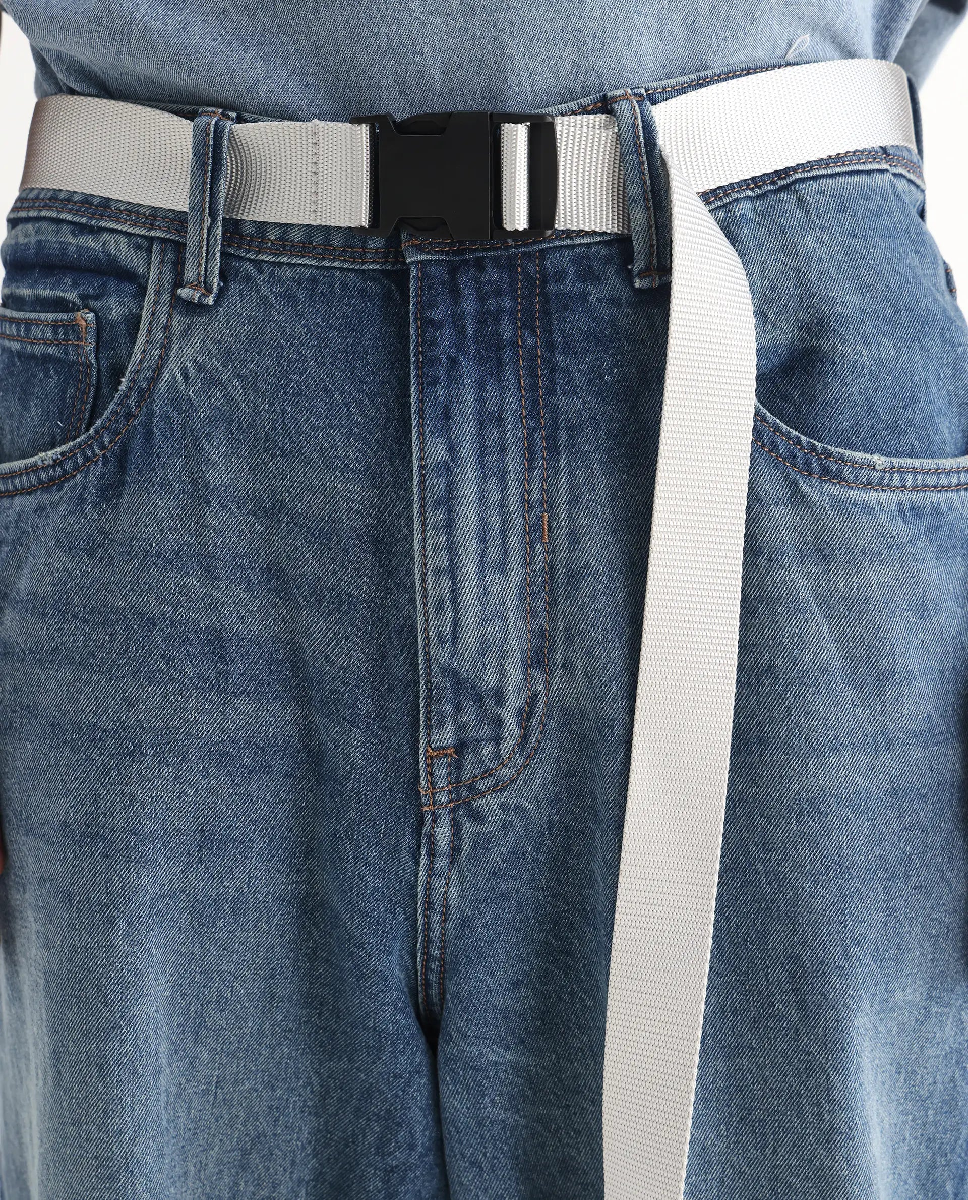 Rare Rabbit Men's Niret Blue Cotton Plain Baggy Fit Jeans