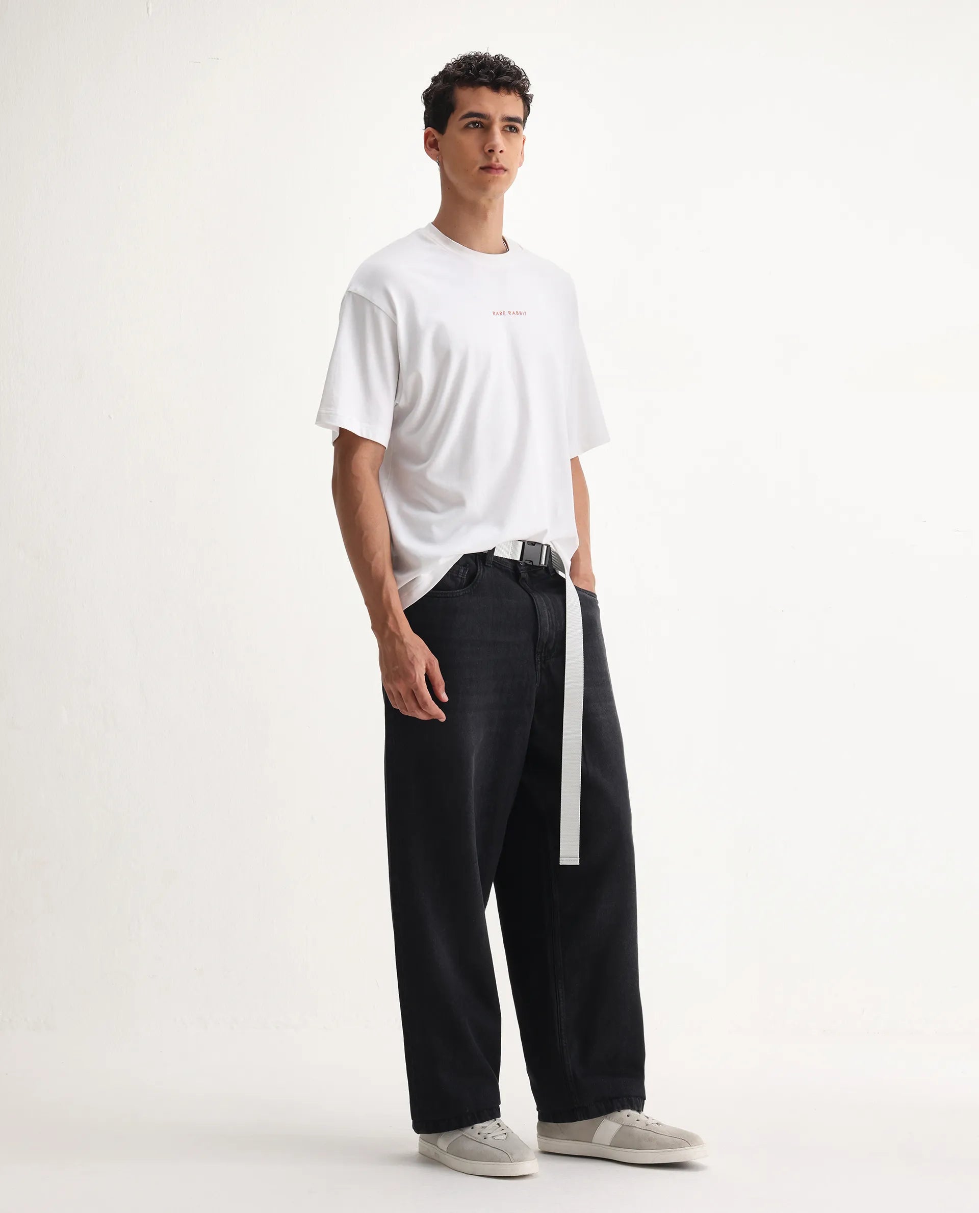 Rare Rabbit Men's Niret Dark Grey Cotton Plain Baggy Fit Jeans