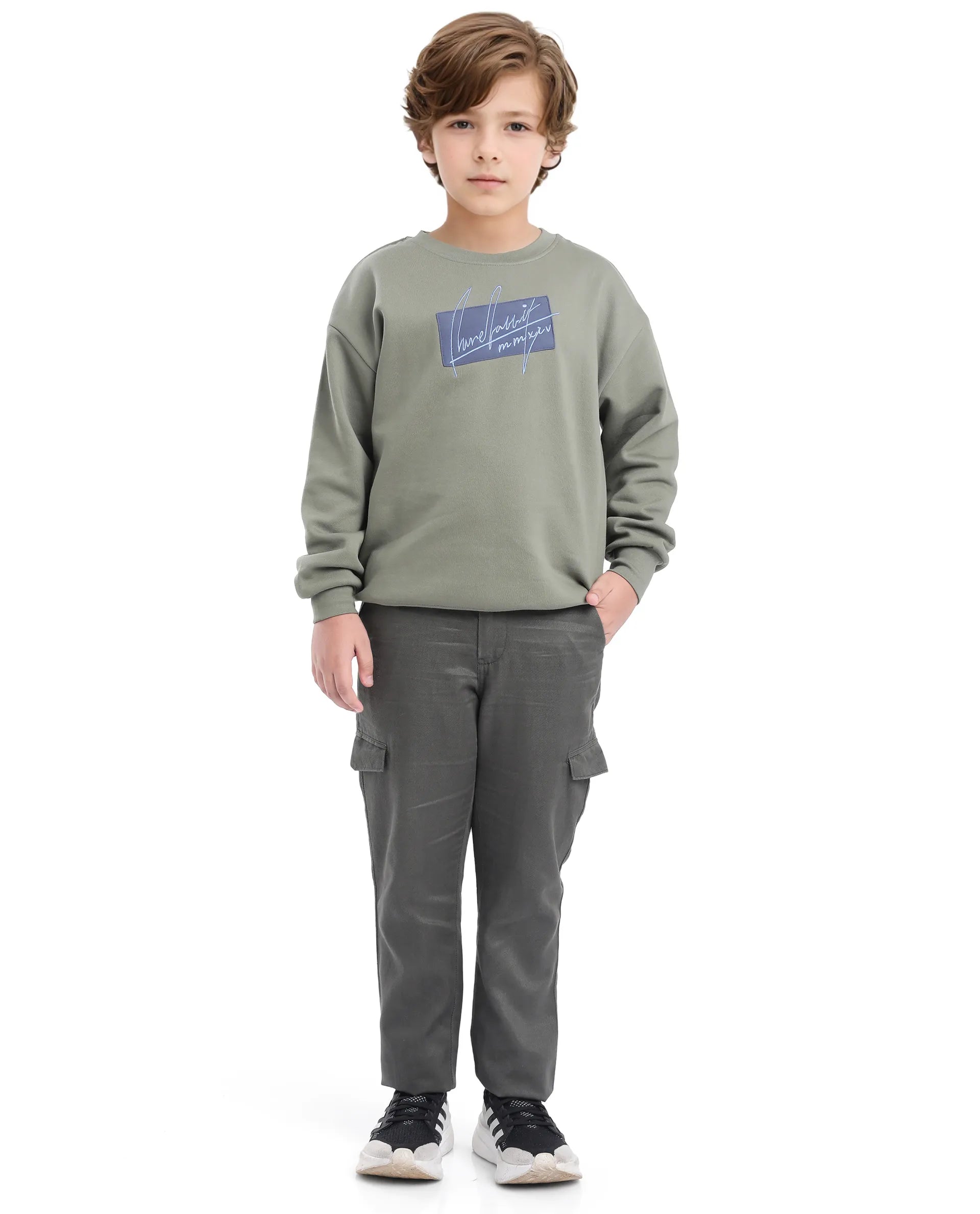 Rare Ones Kids Niret Dusky Green Cotton Poly Full Sleeve Embroidered Sweatshirt