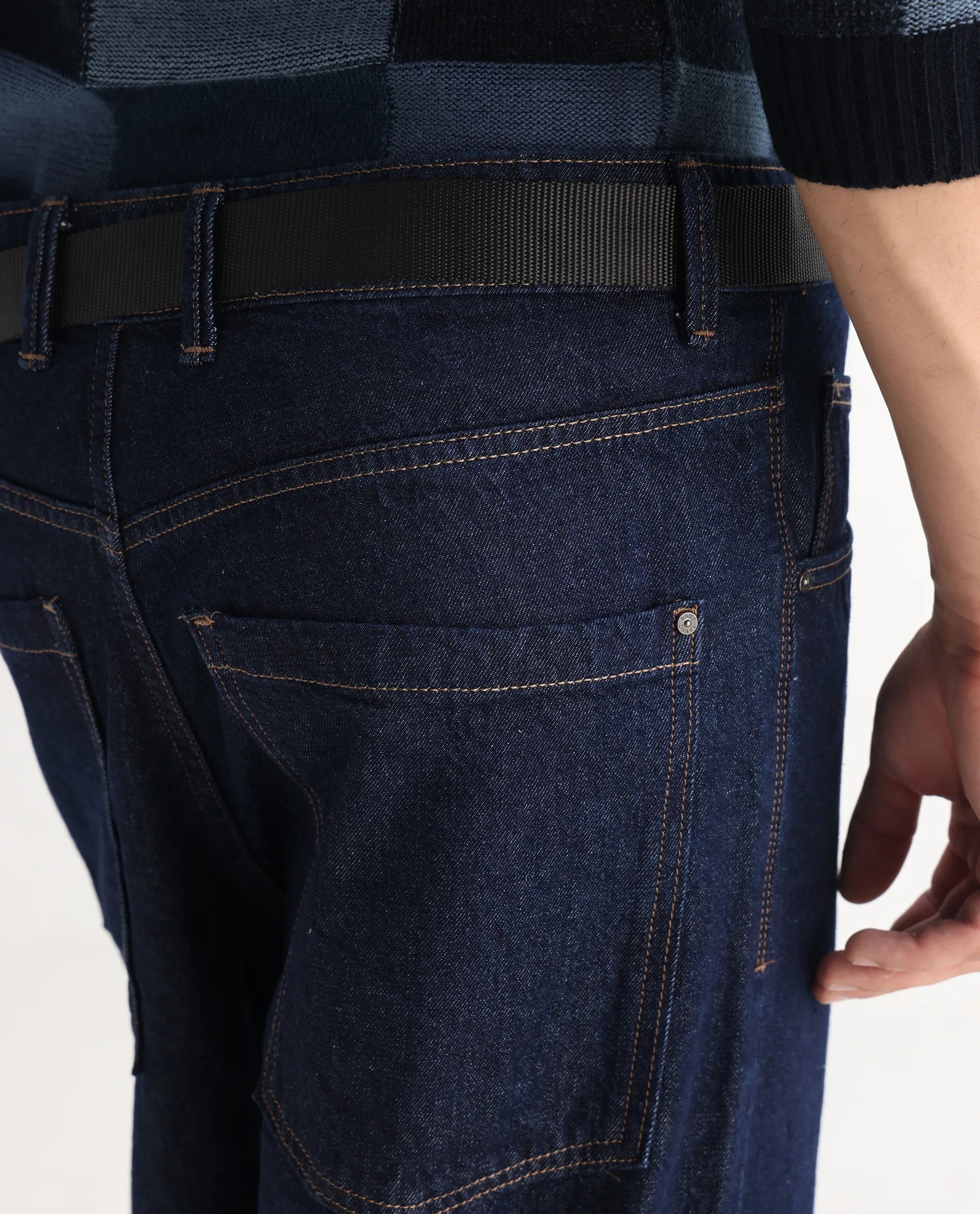 Rare Rabbit Men's Niretor Dark Cotton Plain Baggy Fit Jeans