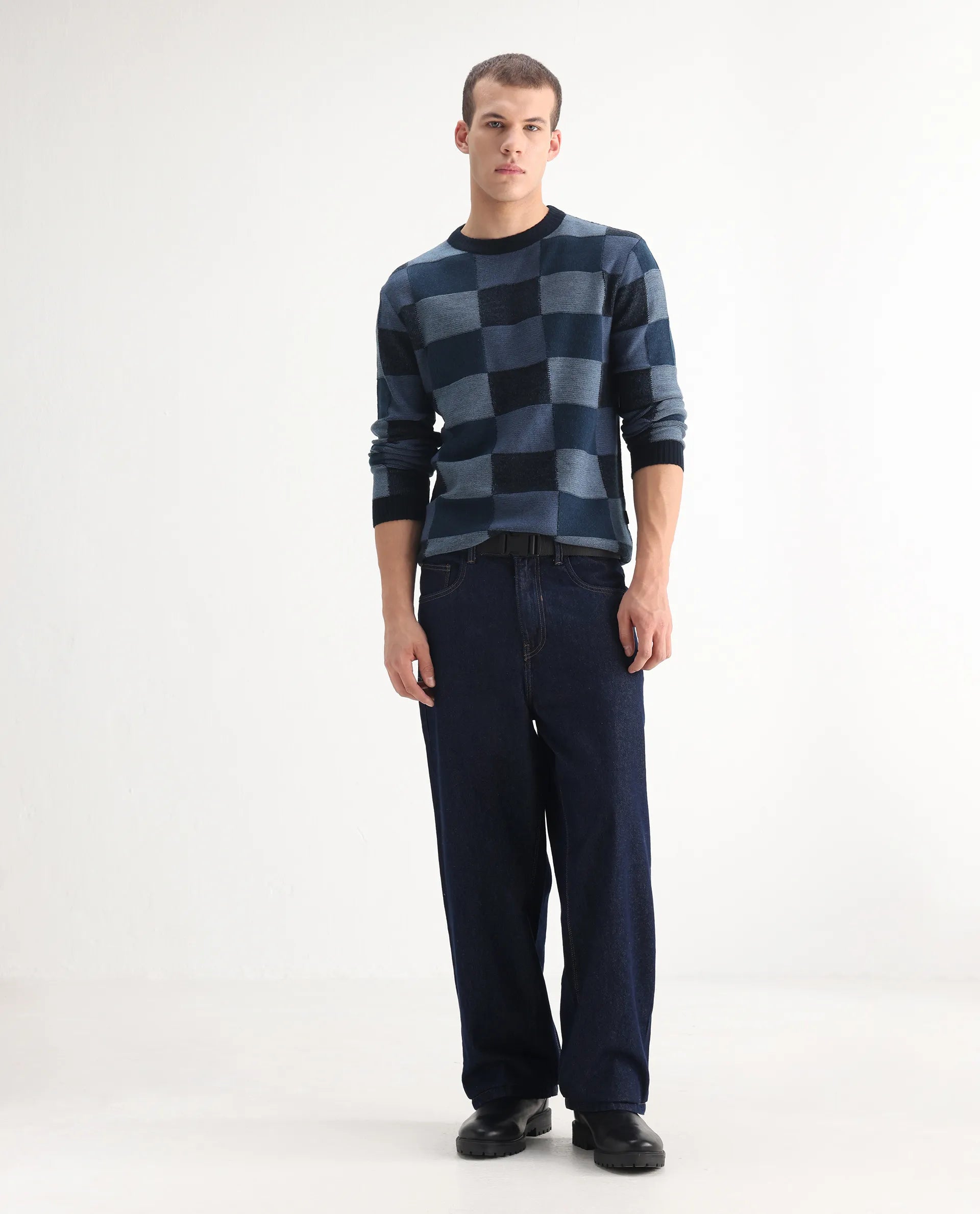 Rare Rabbit Men's Niretor Dark Cotton Plain Baggy Fit Jeans