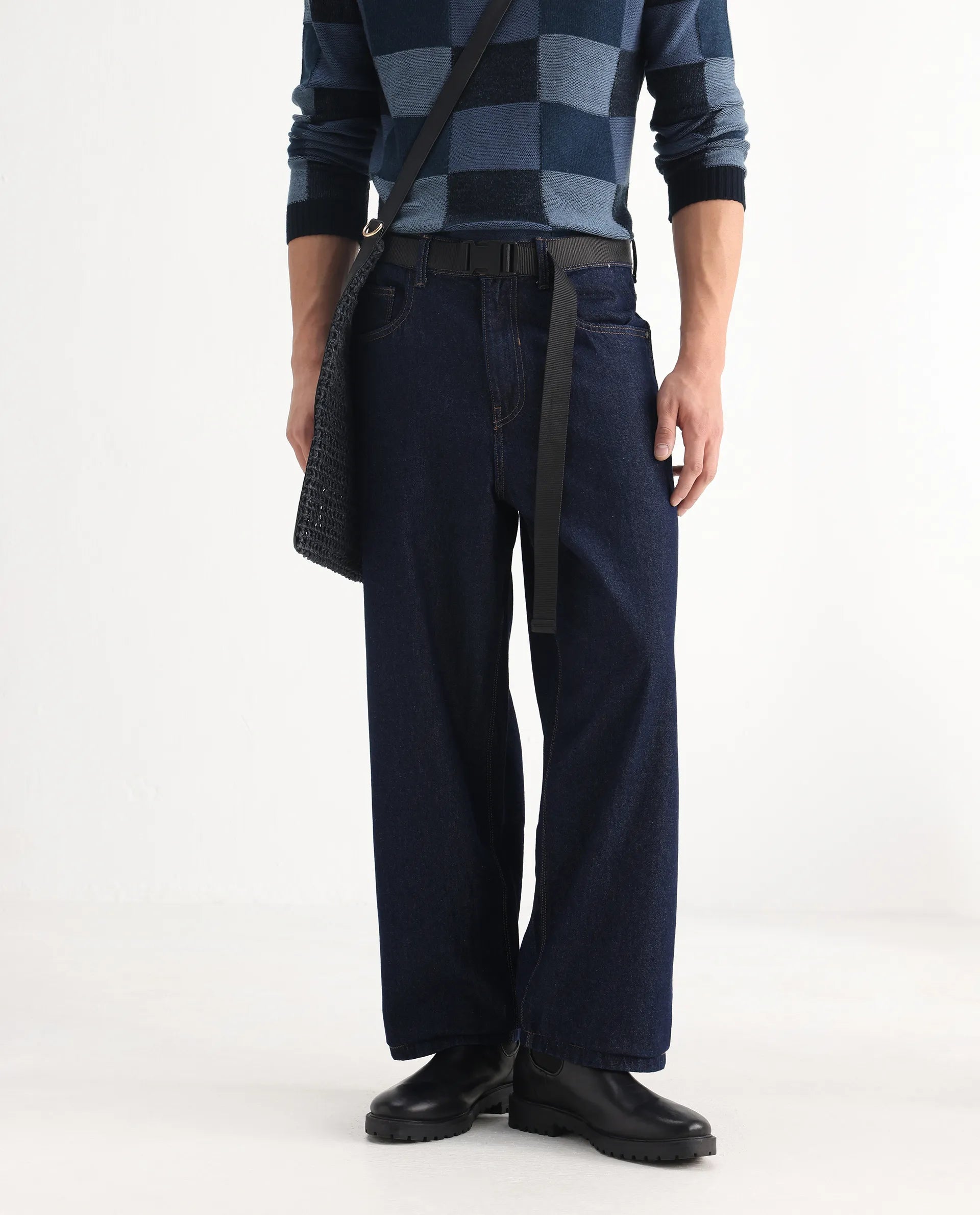 Rare Rabbit Men's Niretor Dark Cotton Plain Baggy Fit Jeans