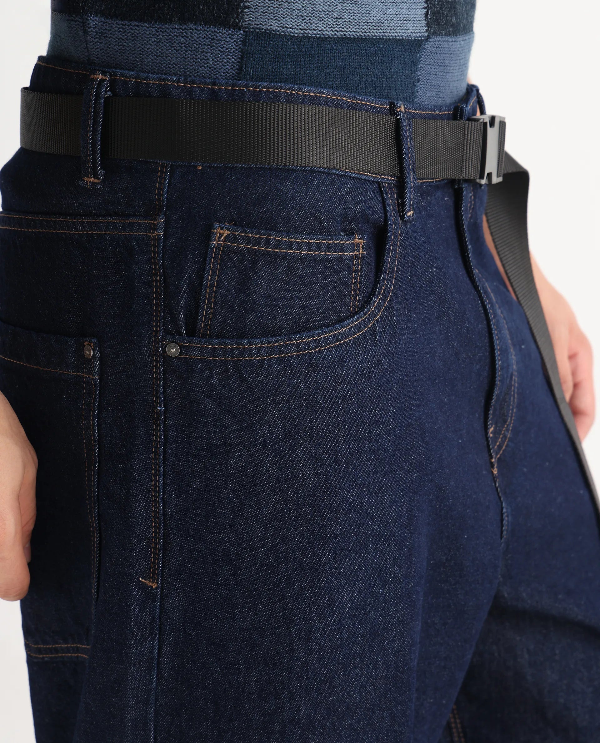 Rare Rabbit Men's Niretor Dark Cotton Plain Baggy Fit Jeans