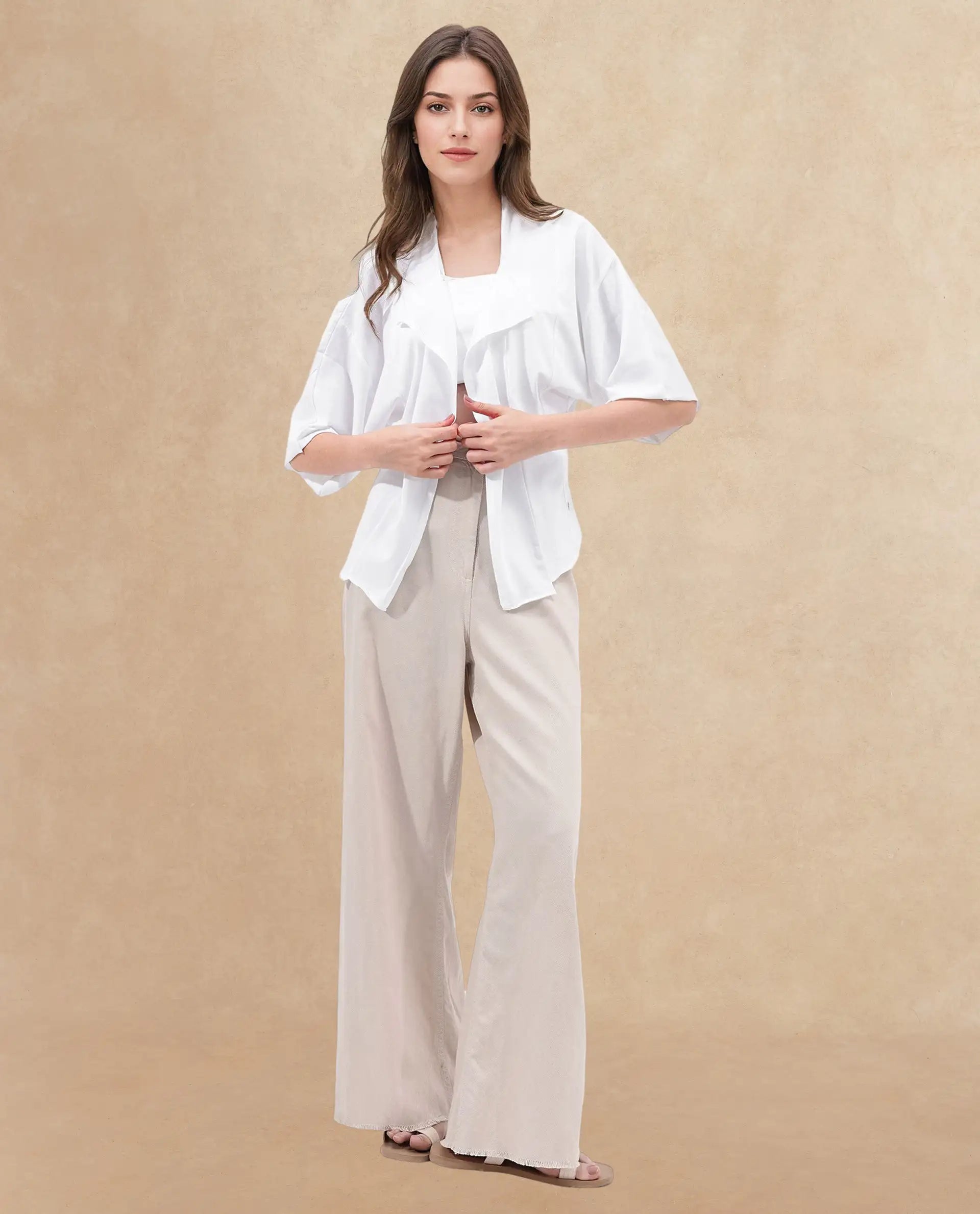 Rareism Women Nirv White Cotton Fabric Short Sleeves Relaxed Fit Plain Shrug