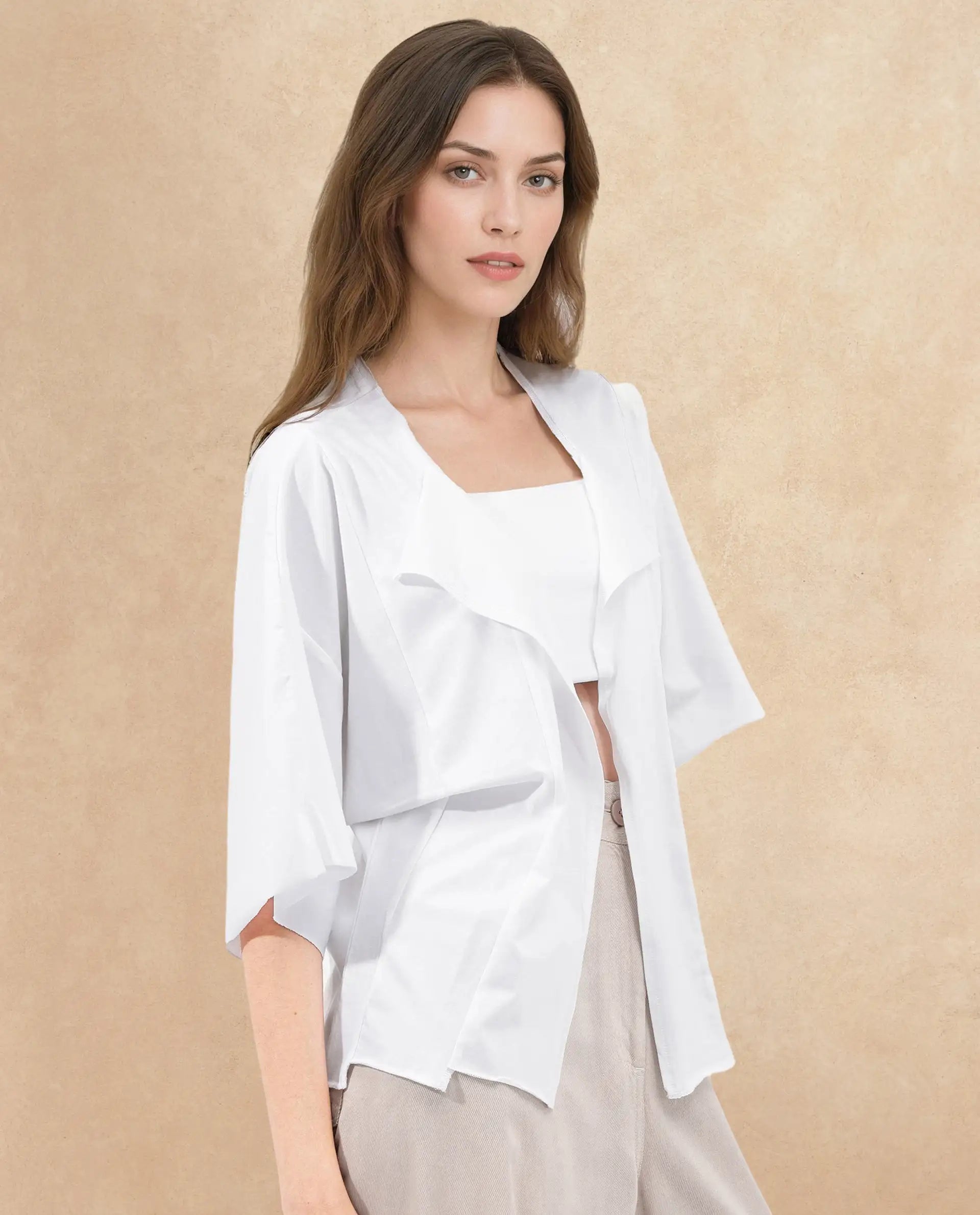 Rareism Women Nirv White Cotton Fabric Short Sleeves Relaxed Fit Plain Shrug