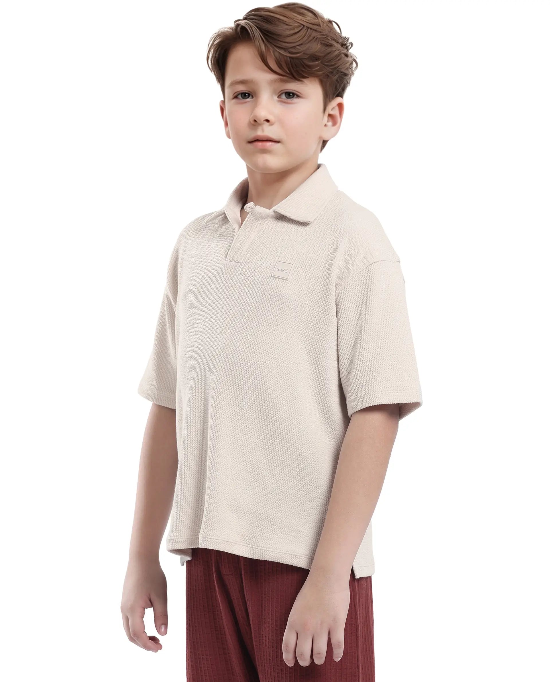 Rare Ones Kids Nisk Light Beige Polyester Blend Short Sleeve Polo Collar Solid Polo