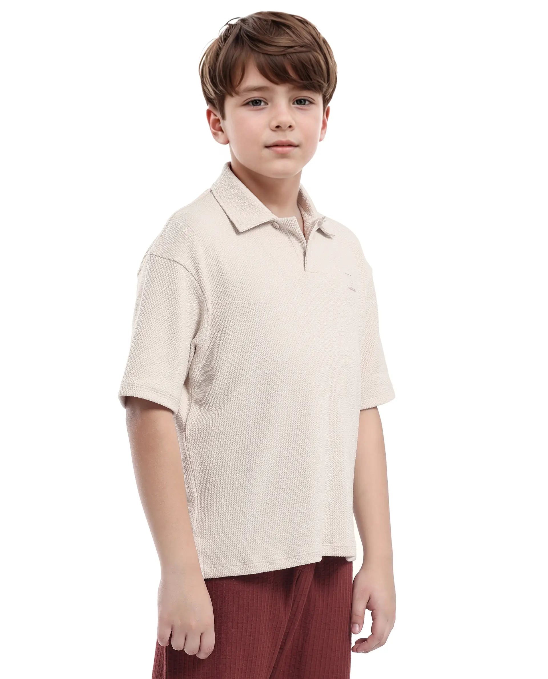 Rare Ones Kids Nisk Light Beige Polyester Blend Short Sleeve Polo Collar Solid Polo