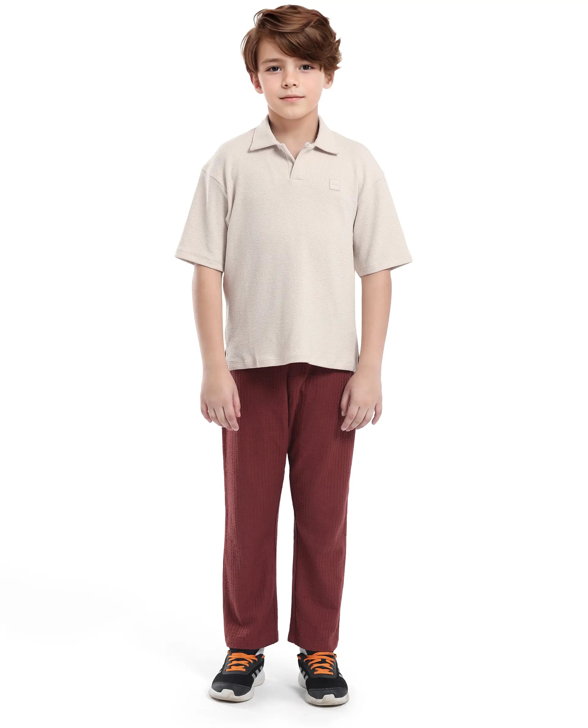 Rare Ones Kids Nisk Light Beige Polyester Blend Short Sleeve Polo Collar Solid Polo