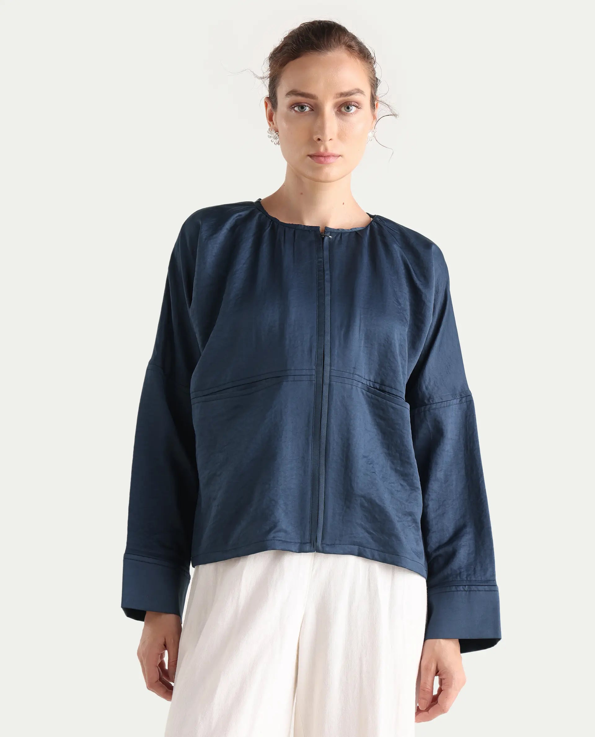 Rareism Women's Nisat Navy Polyester Round Neck Relaxed Plain Jacket