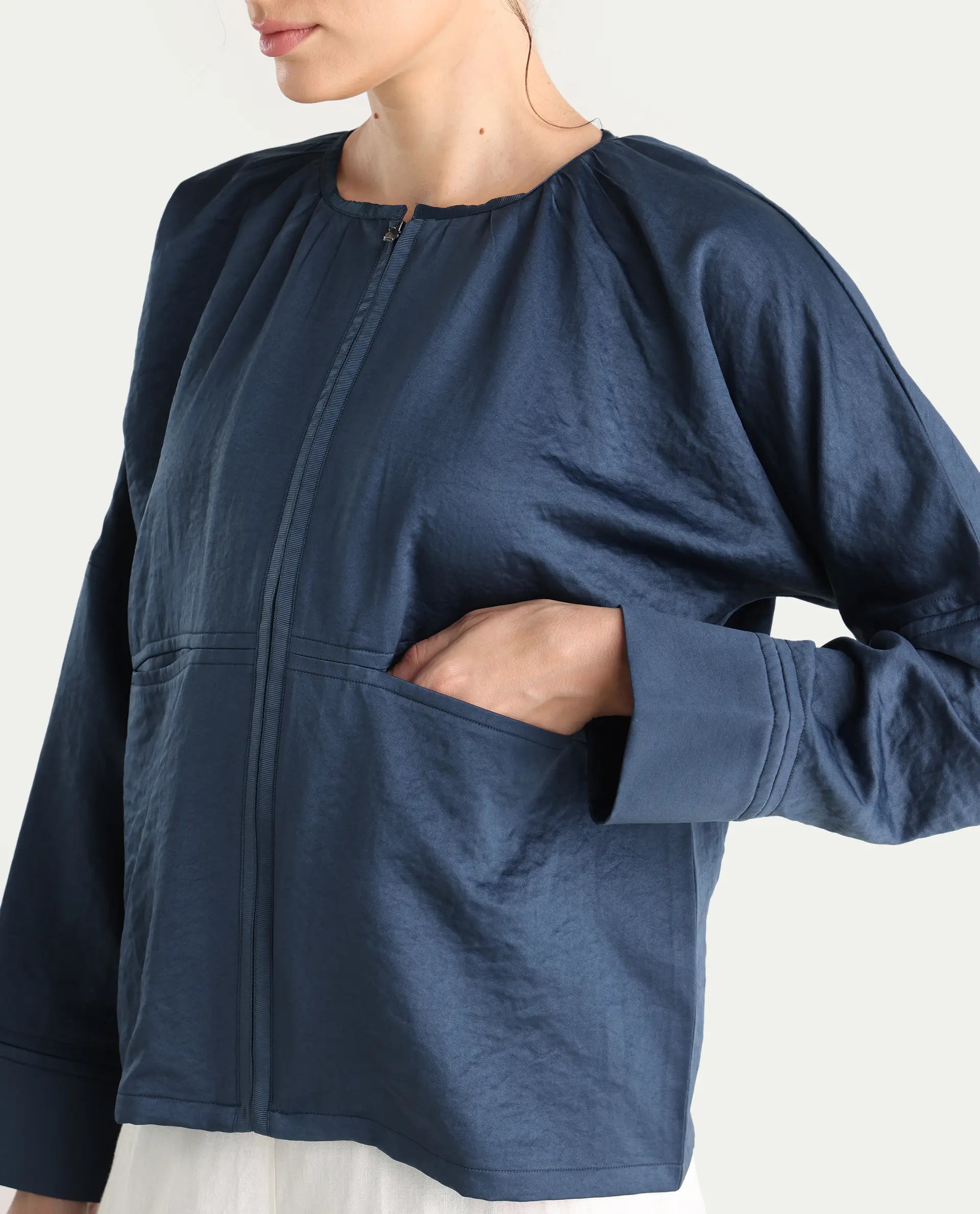 Rareism Women's Nisat Navy Polyester Round Neck Relaxed Plain Jacket