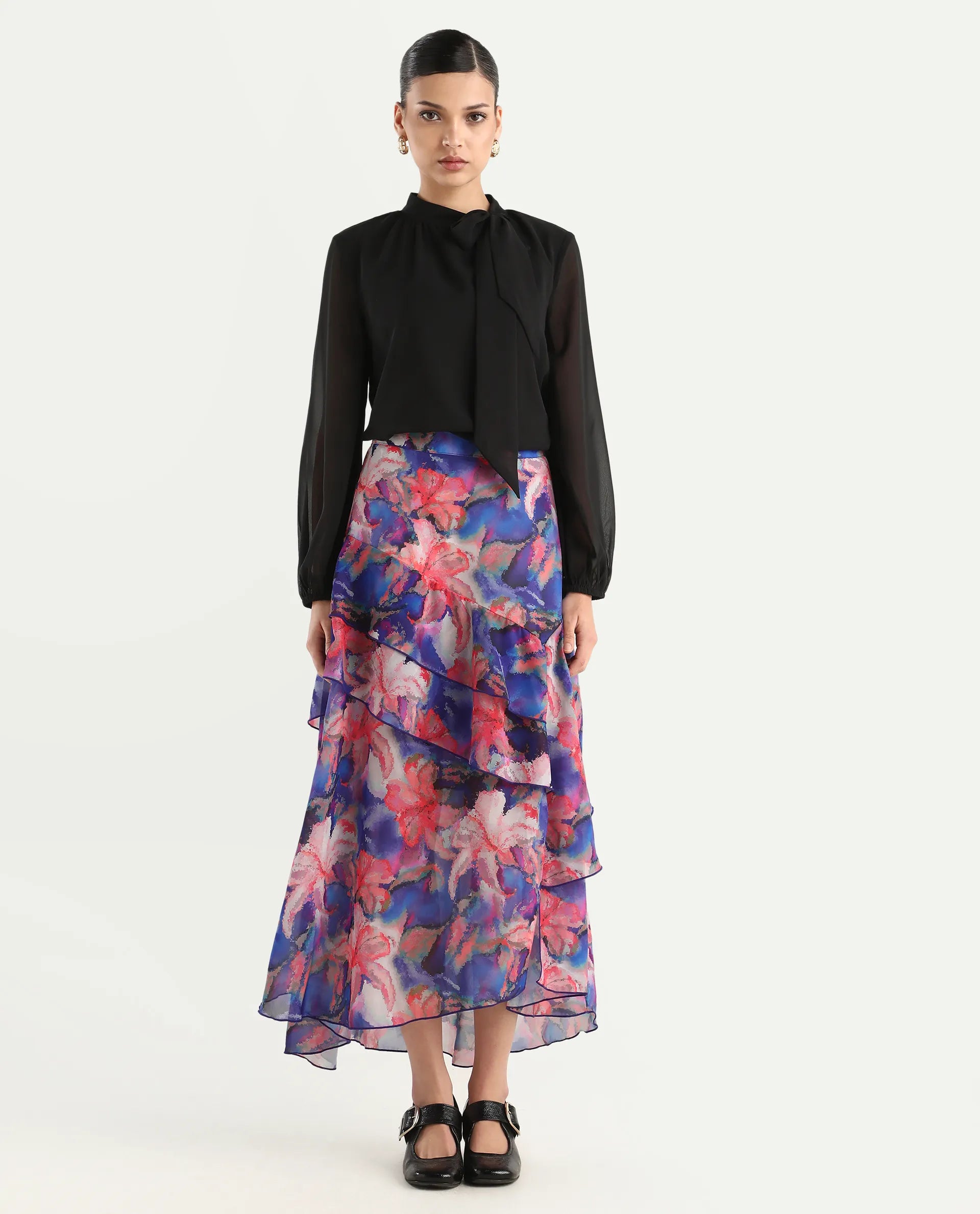 Rareism Women's Nitane Purple Polyester Floral Print Maxi Flared Skirt