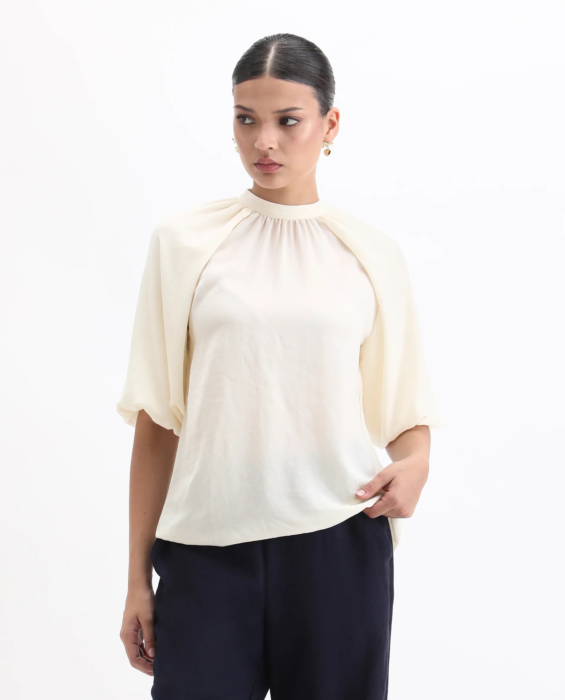 Rareism Women's Nito Beige Satin Mandarin Collar Plain Raglan Sleeve Regular Fit Top