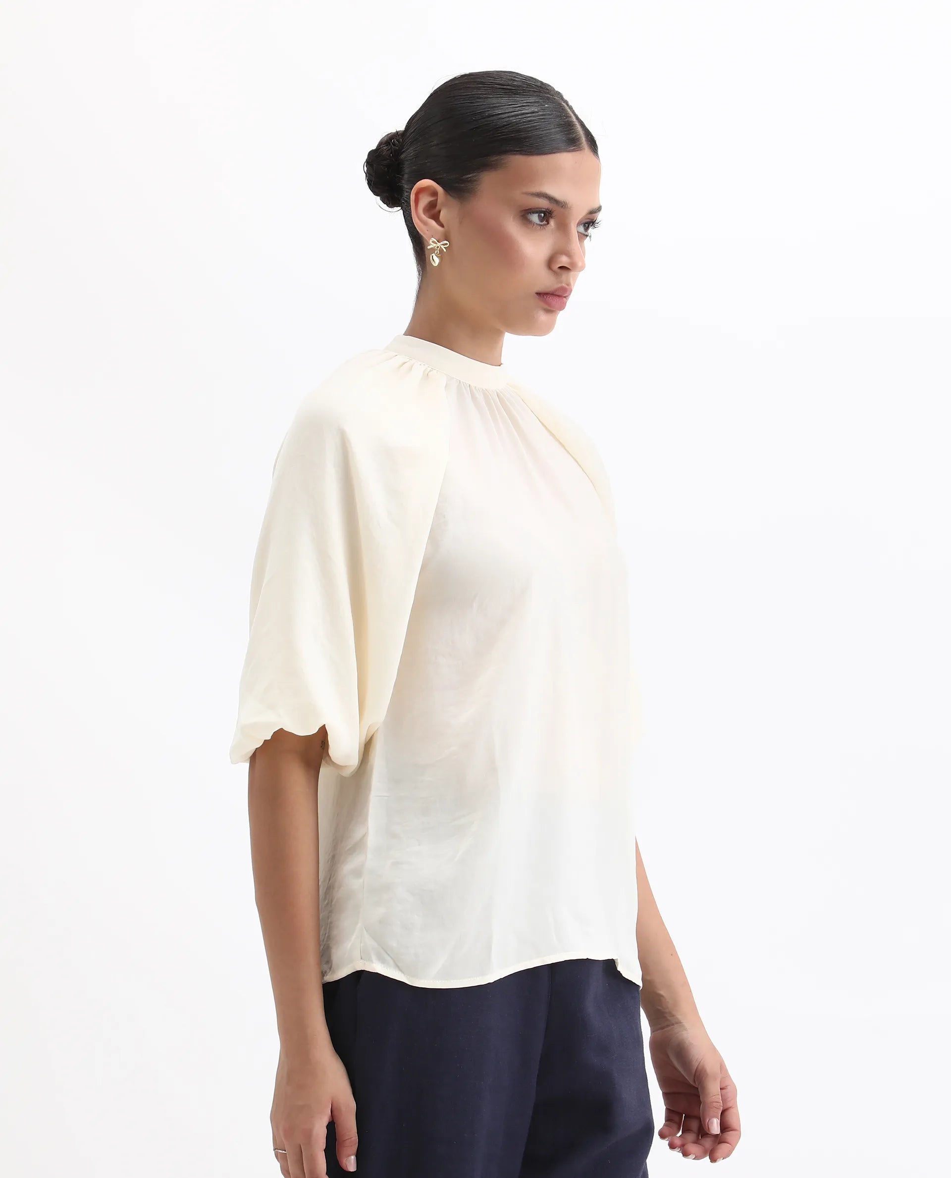 Rareism Women's Nito Beige Satin Mandarin Collar Plain Raglan Sleeve Regular Fit Top