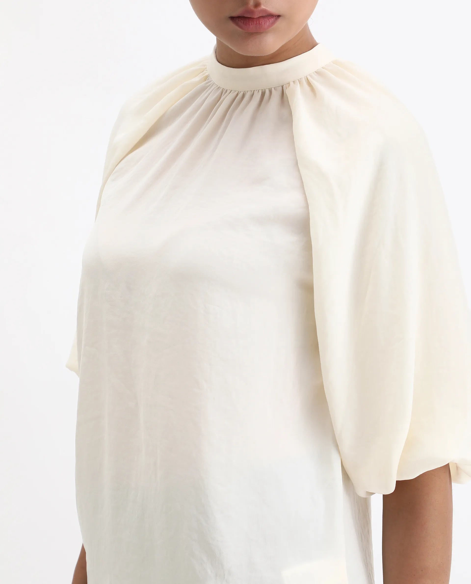 Rareism Women's Nito Beige Satin Mandarin Collar Plain Raglan Sleeve Regular Fit Top