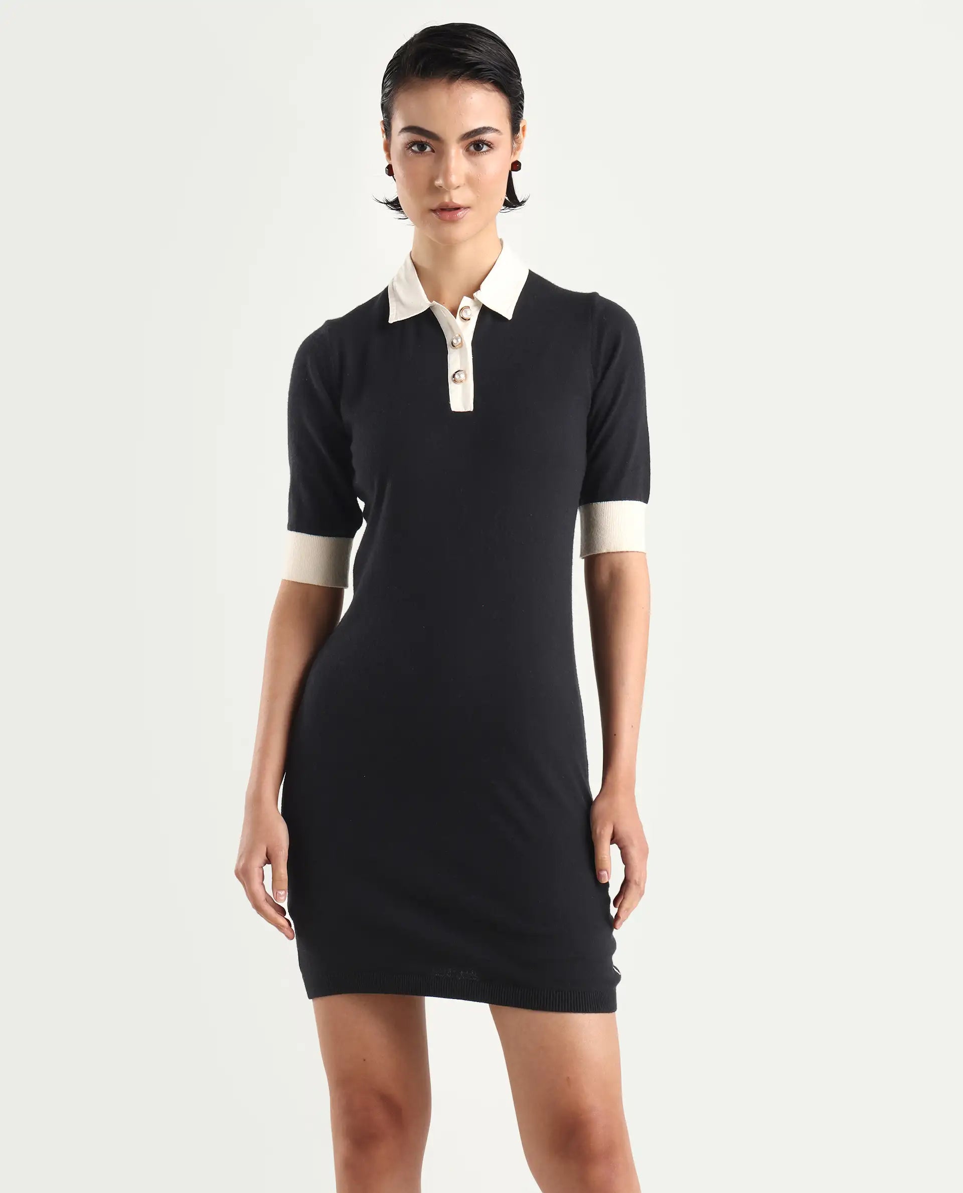 Rareism Women's Nitu Black Nylon Drop Collar Plain Knee Length Bodycon Dress