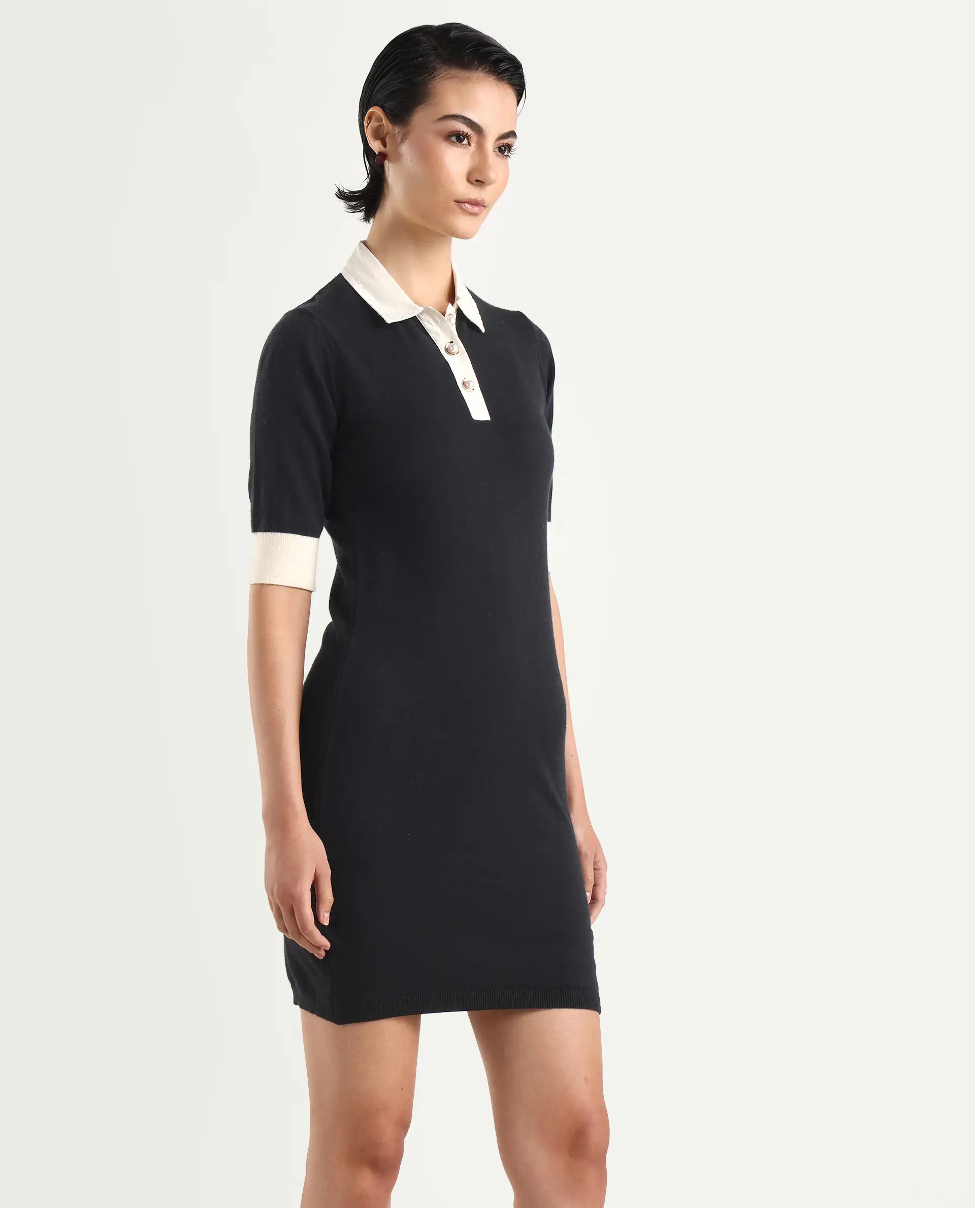 Rareism Women's Nitu Black Nylon Drop Collar Plain Knee Length Bodycon Dress